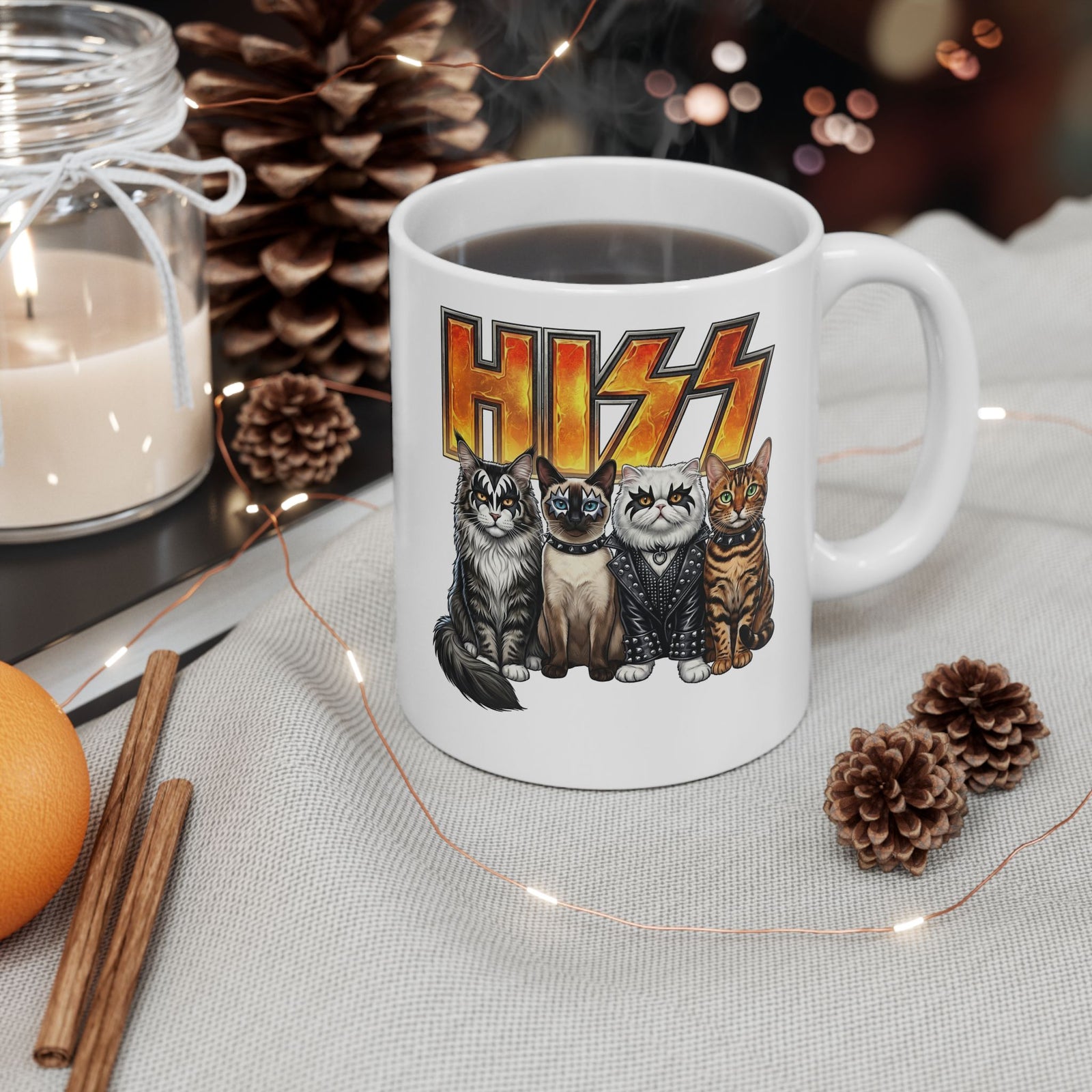 Heavy Metal Cat Hiss Ceramic Mug — Retro Rock Cat Graphic Mug