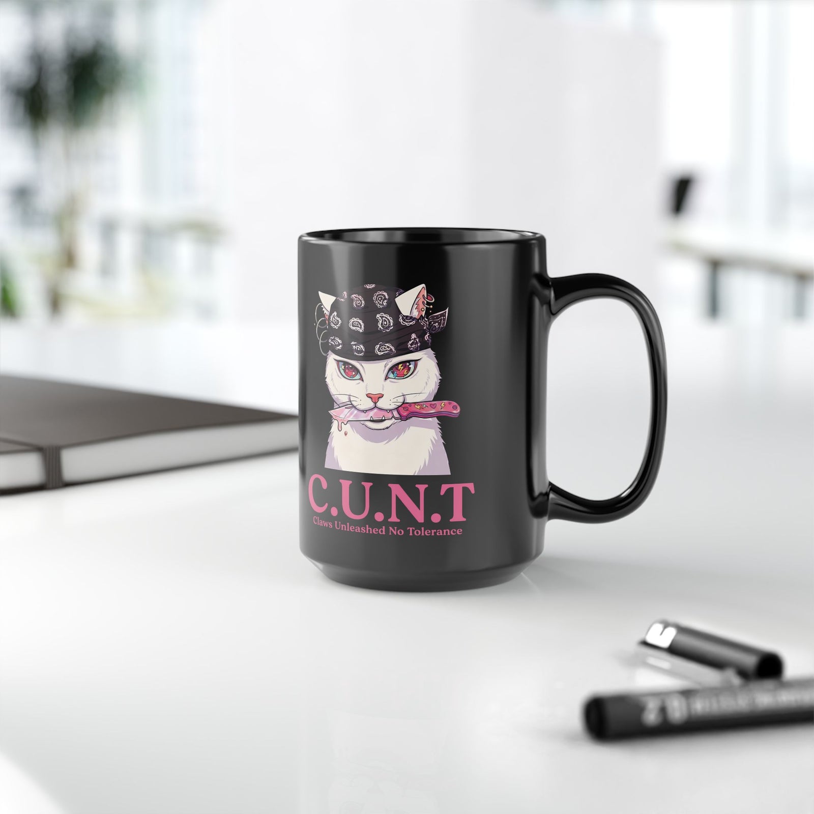 C.U.N.T Acronym Cat Black Mug — Sassy Feline Rebellious Streetwear