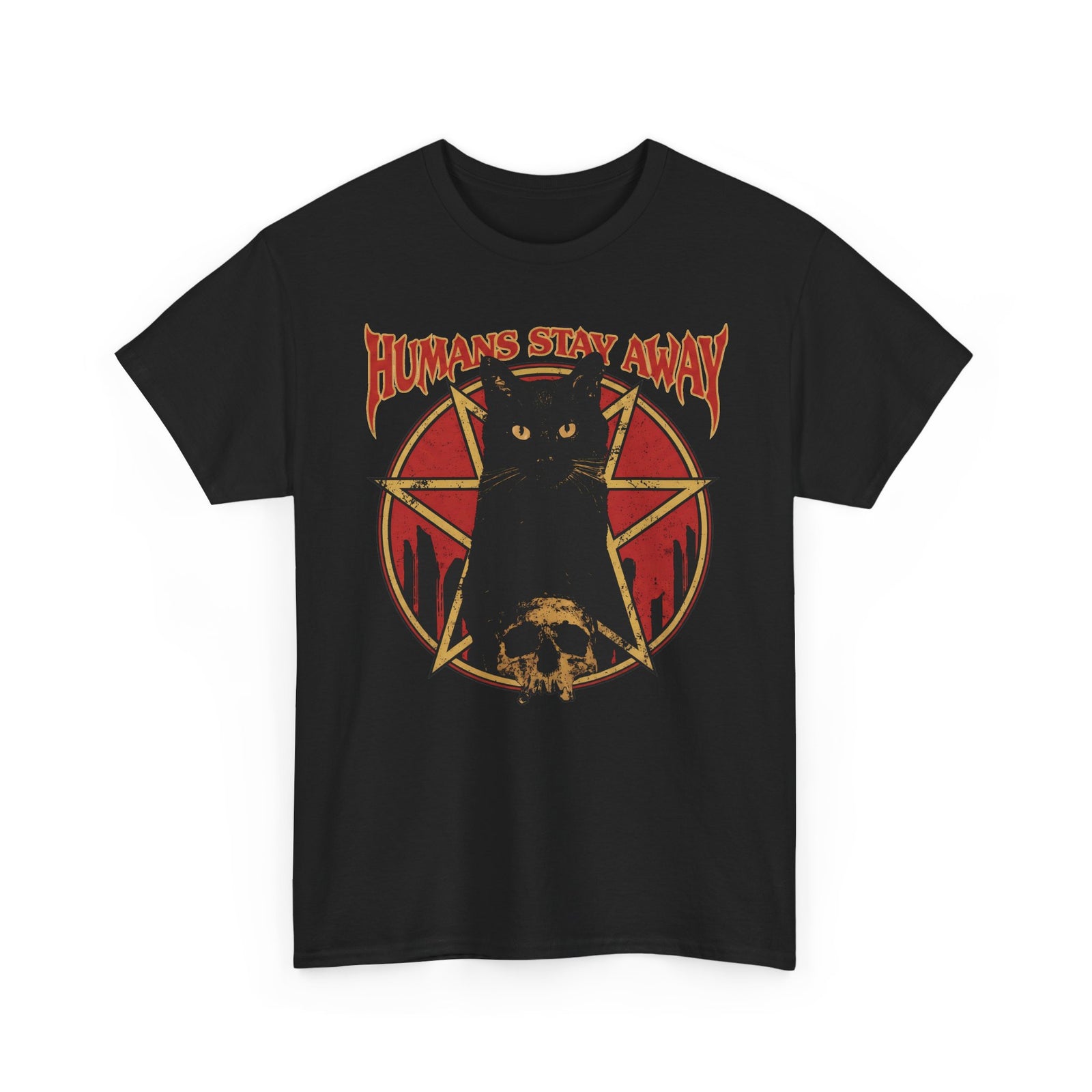 Humans Stay Away Black Cat T-Shirt — Heavy Metal Occult Pentagram Tee