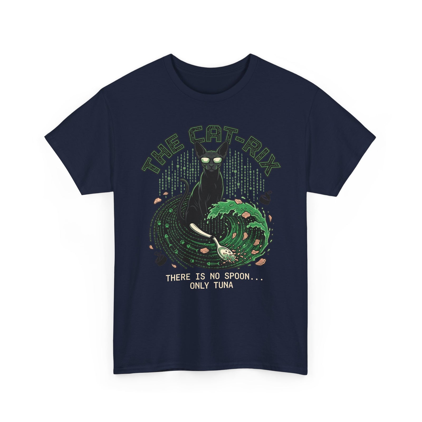 Cat T-Shirt — "There Is No Spoon... Only Tuna" Retro Wave Graphic Tee