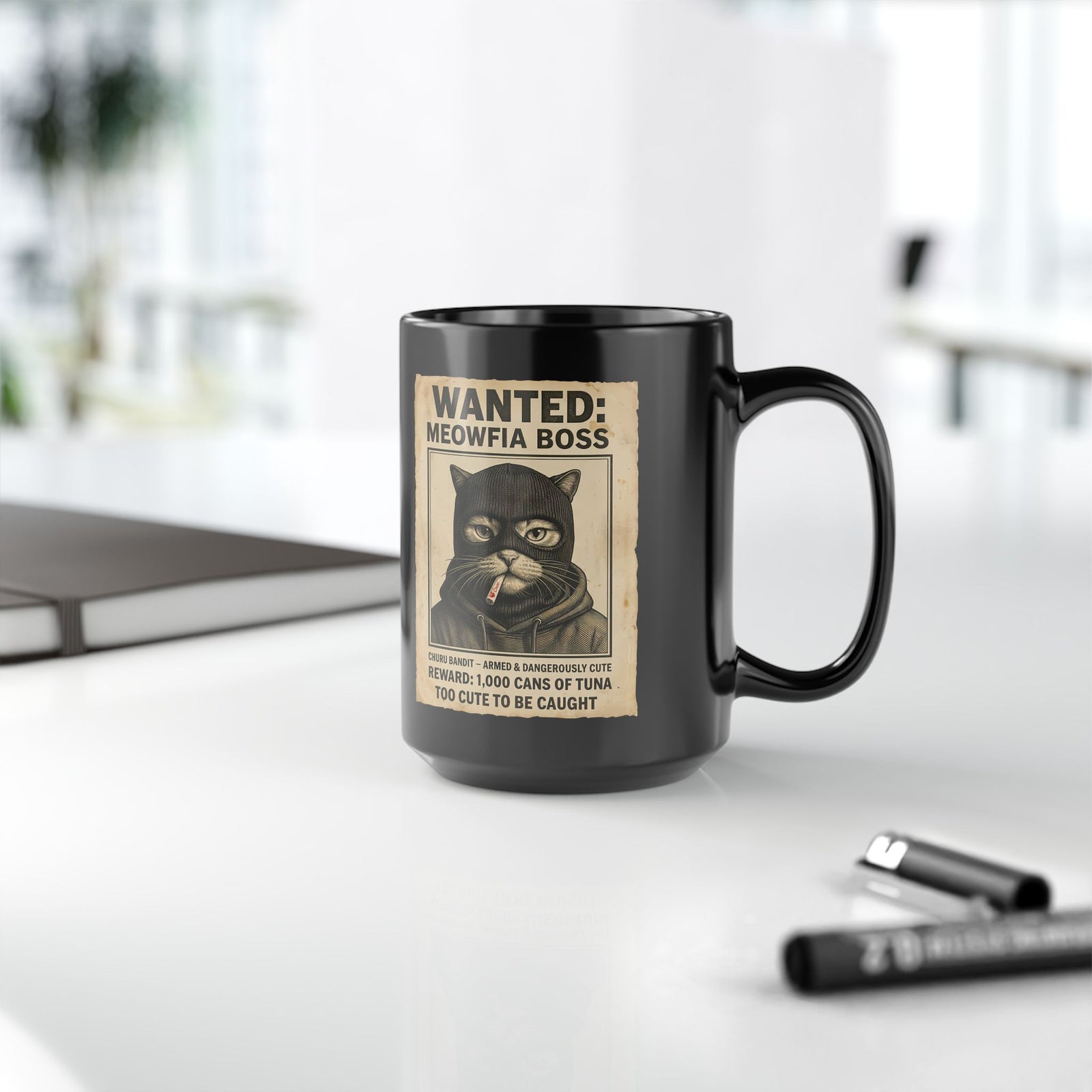 "Meowfia Boss" Wanted Poster Funny Cat Black Mug