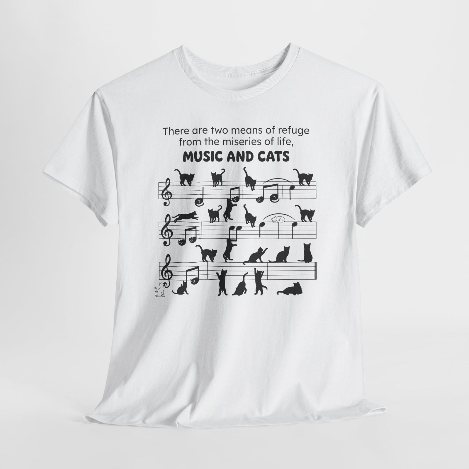 Music and Cats T-Shirt — Graphic Tee with Musical Score and Cat Silhouettes