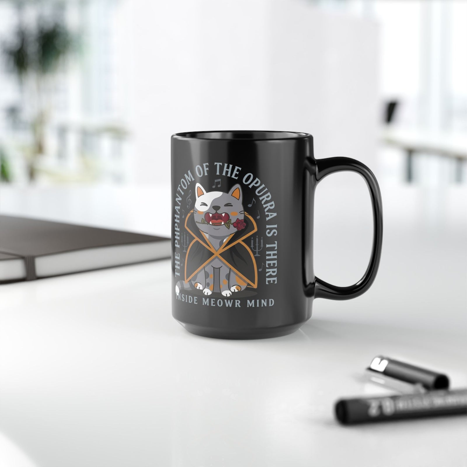 Phantom of the Opurra Black Mug — Cat Musical Parody Mug