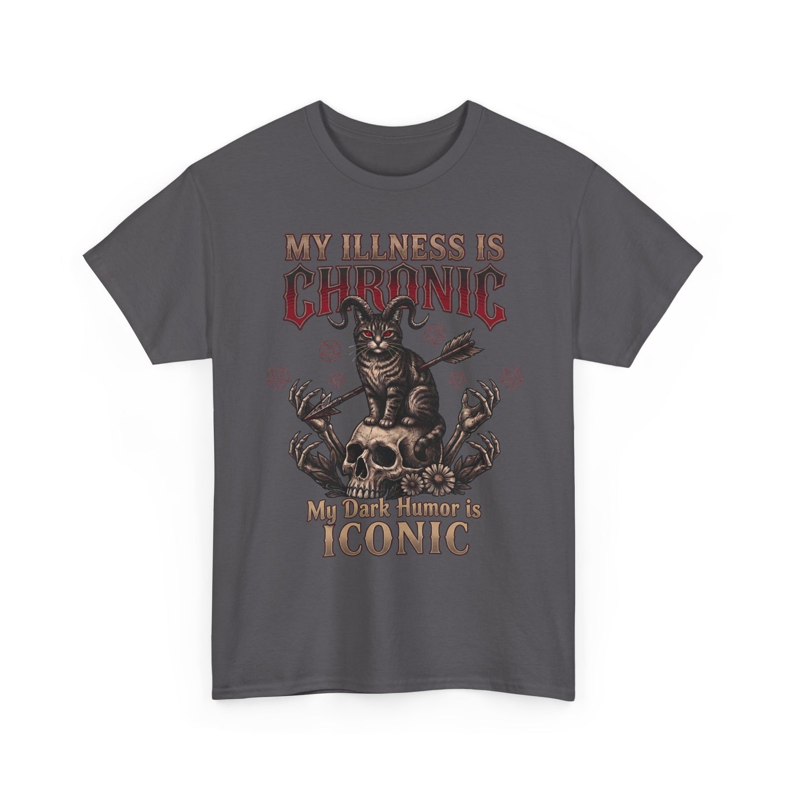 My Illness Is Chronic My Dark Humor Is Iconic T-Shirt — Gothic Horned Cat Tee