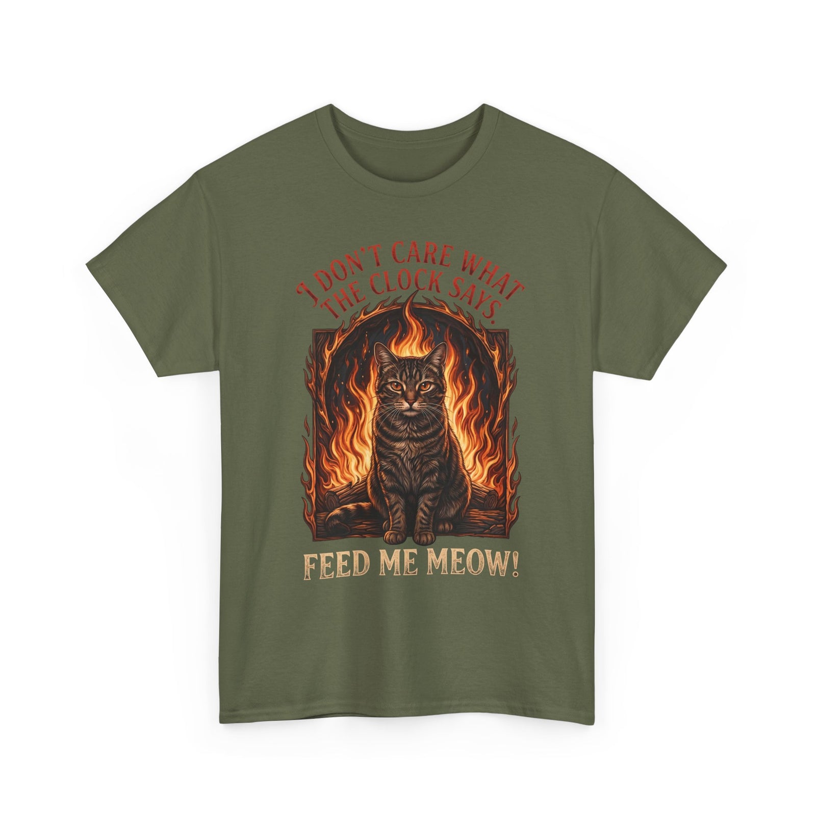 Feed Me Meow T-Shirt — Funny Hungry Tabby Cat Fiery Graphic Tee