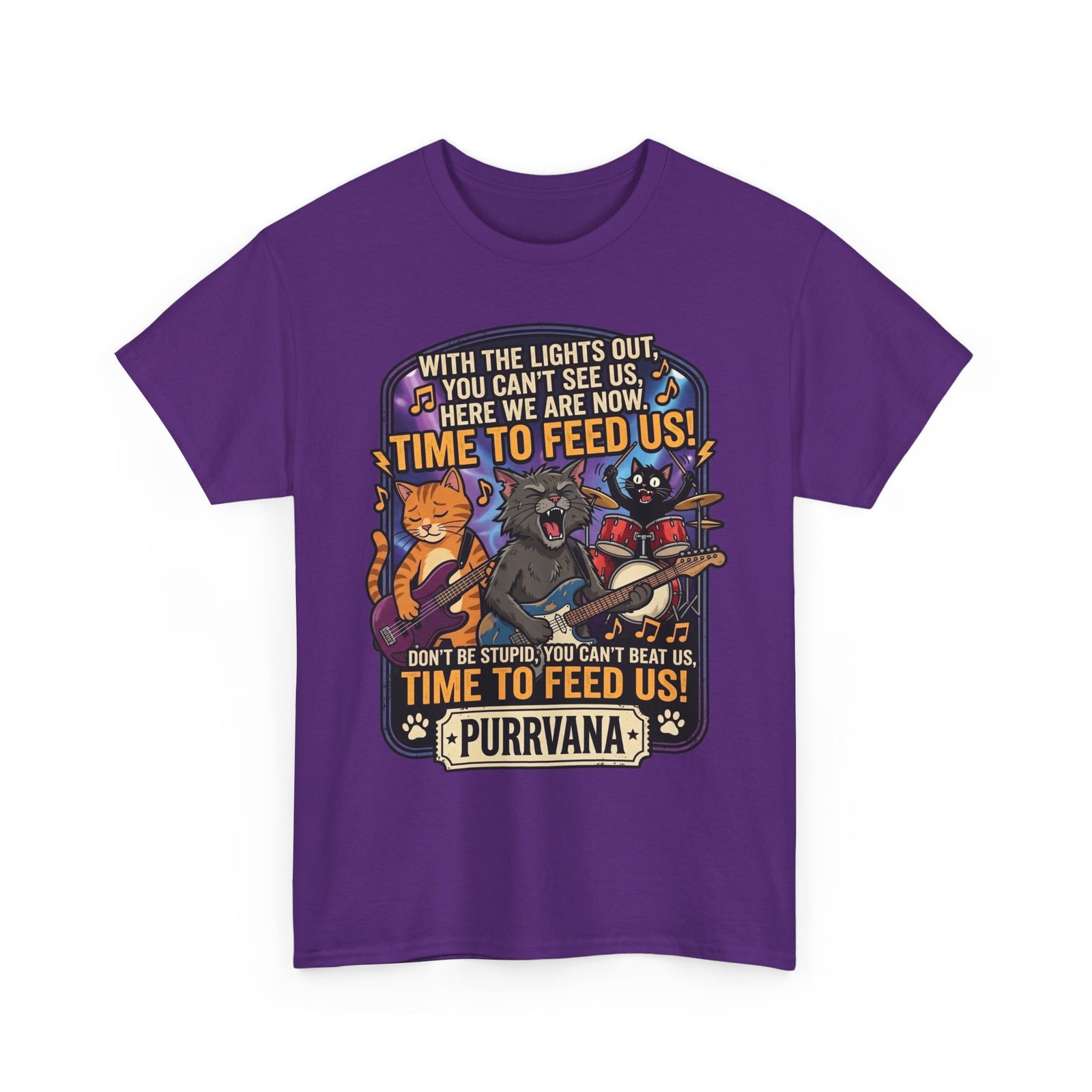 Purrvana Cat Band Graphic Tee — “Time to Feed Us!” Funny Cat Music T-Shirt