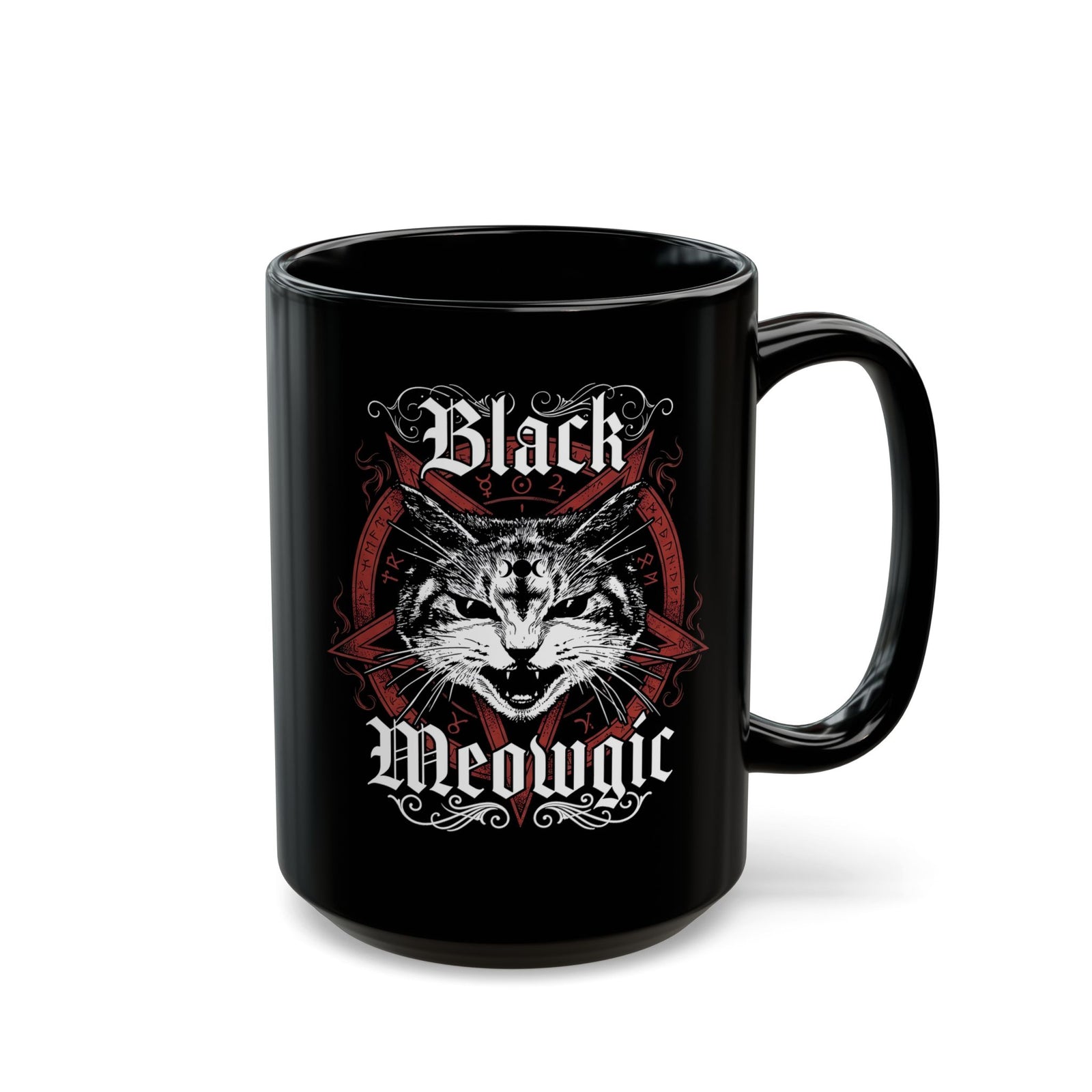 Black Meowgic Black Mug — Cute Cat Magic Graphic Mug