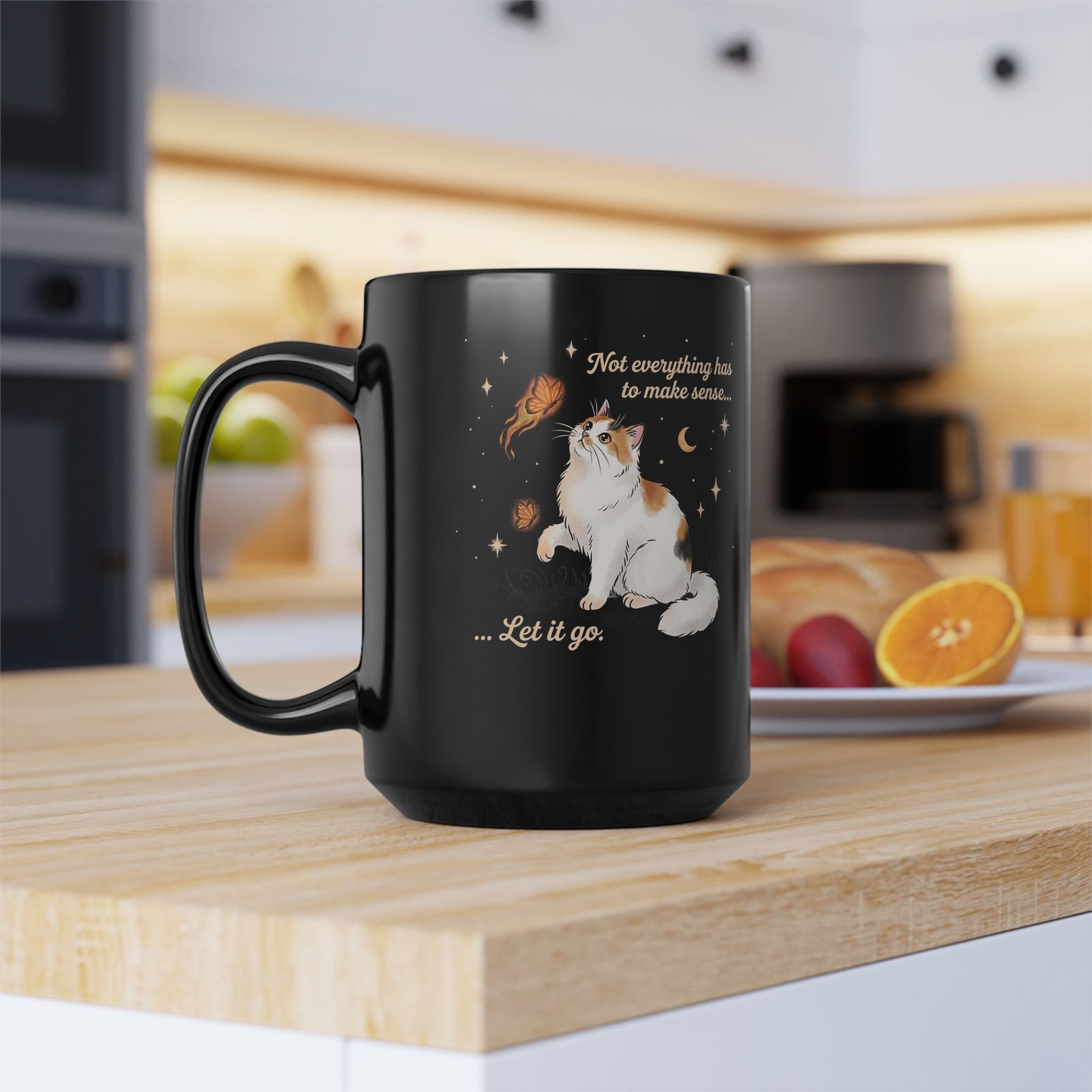 Vintage Whimsical Cat Black Mug — Spiritual Quote Graphic Mug