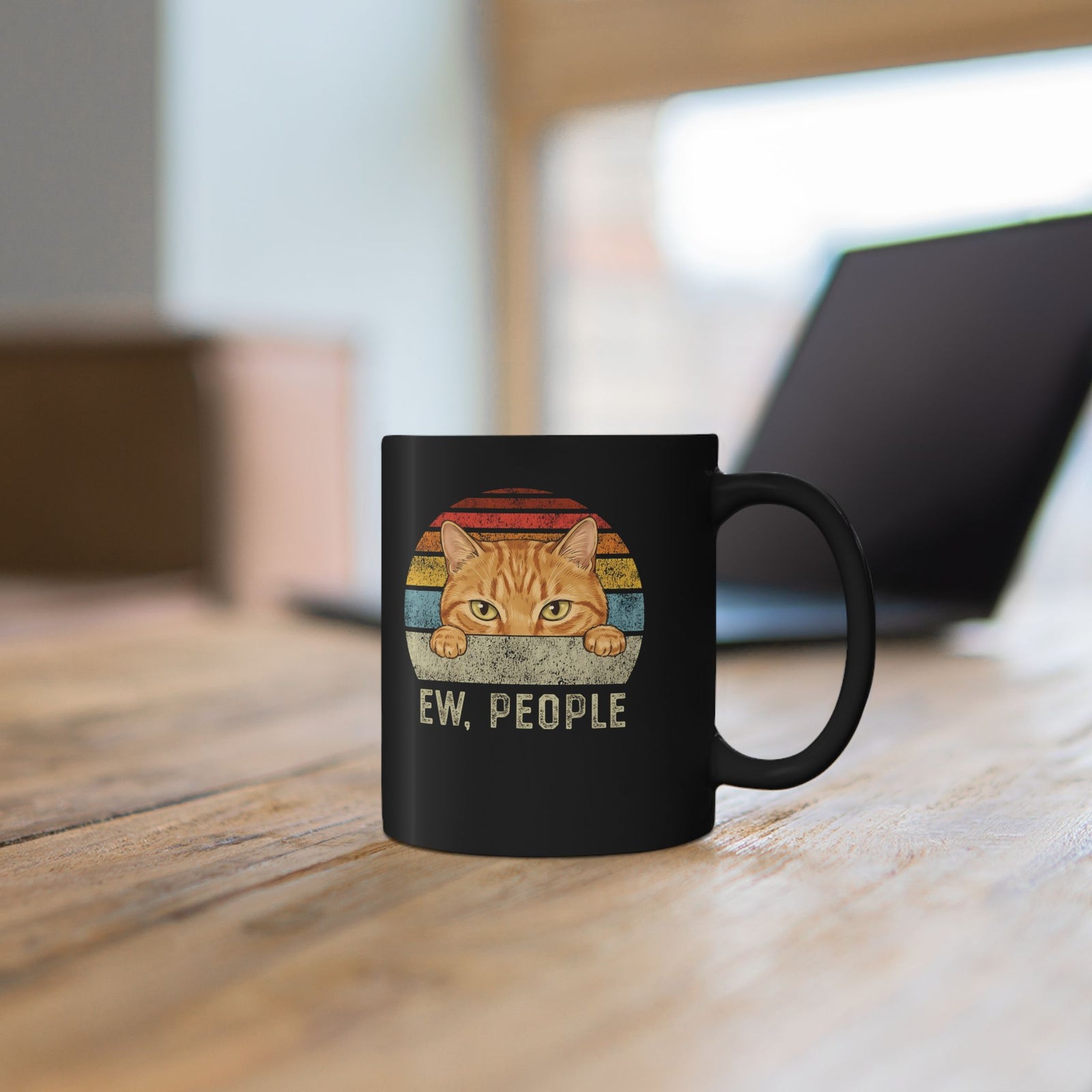 Ew People Orange Cat Black Mug — Funny Retro Sunset Introvert Graphic Mug