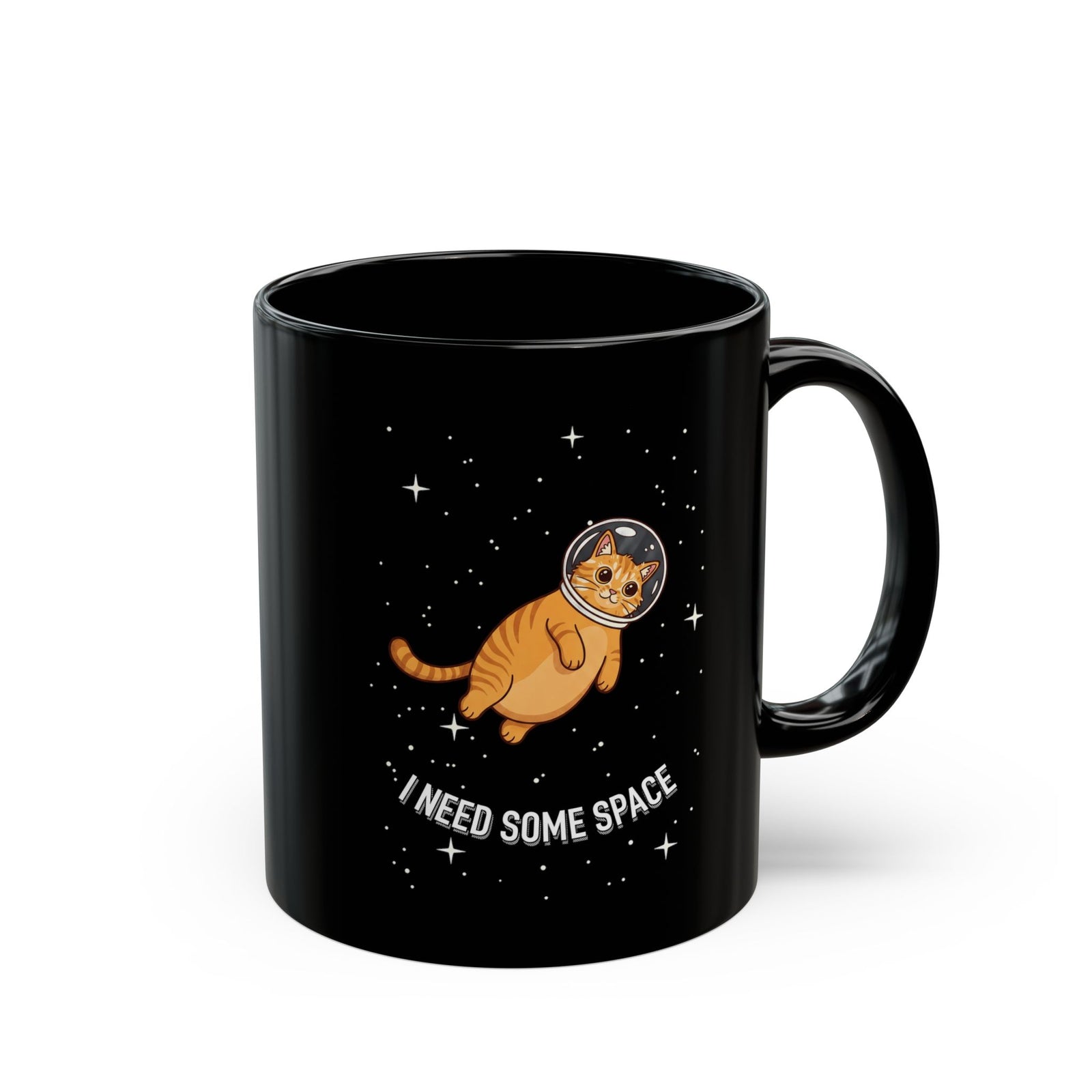 I Need Some Space Cat Black Mug — Cute Astronaut Orange Tabby Feline Mug