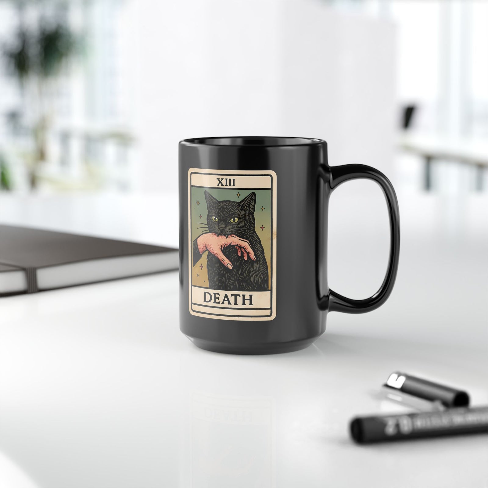 "Death" Tarot Card Black Cat Biting Hand Funny Black Mug
