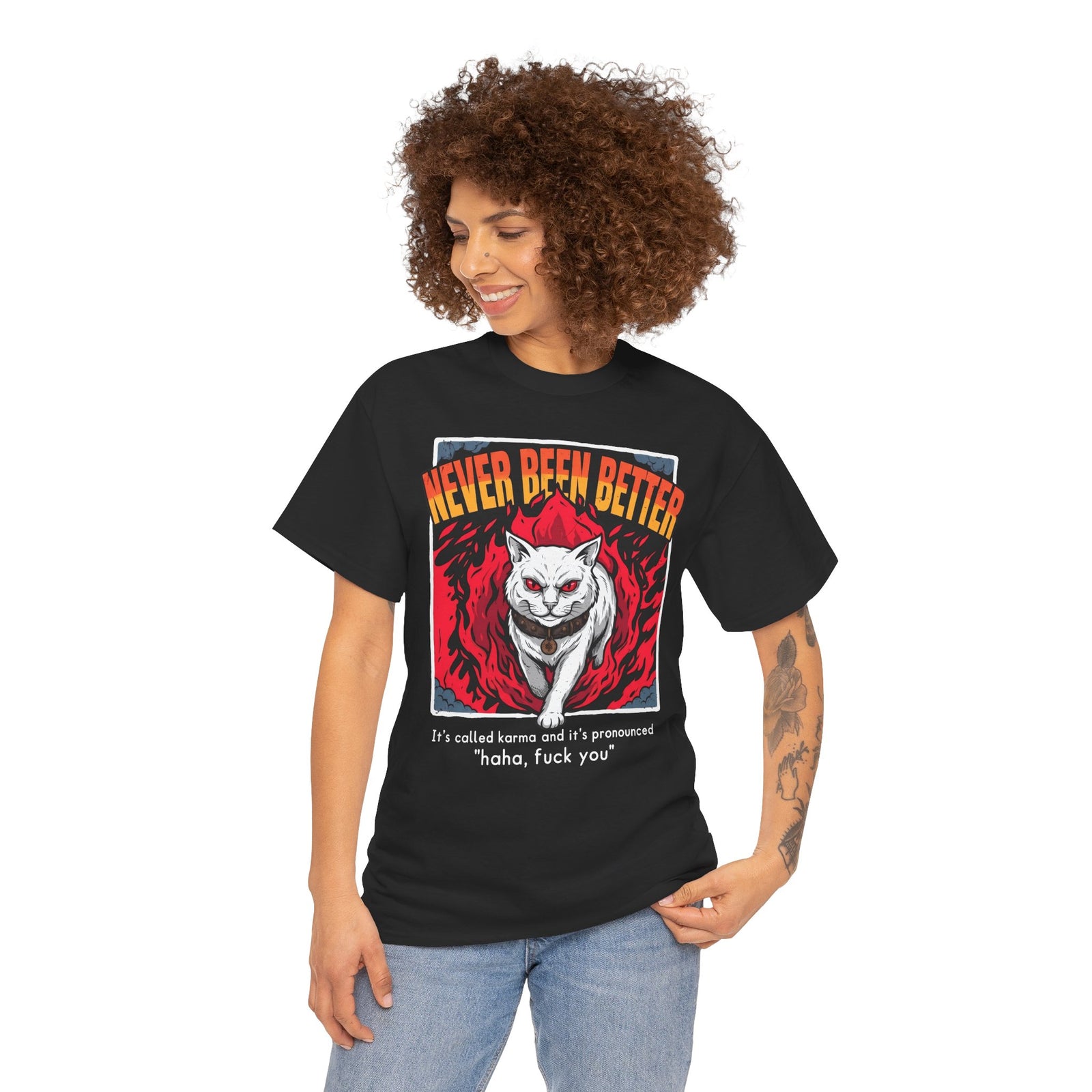 Never Been Better Karma Cat T-Shirt — Edgy Fiery Evil White Cat Tee
