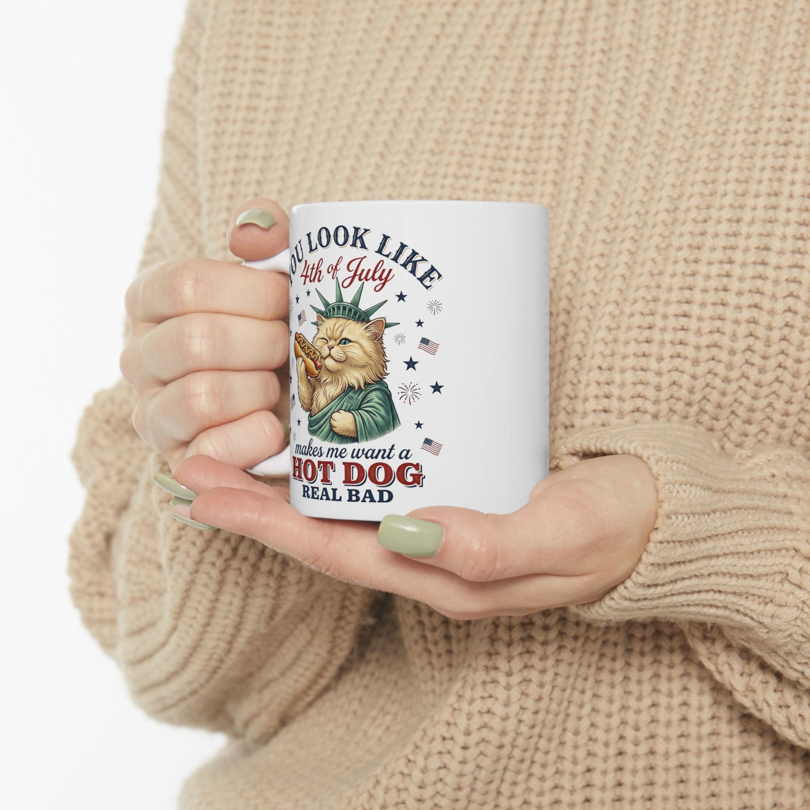4th of July Cat & Hot Dog Ceramic Mug — Patriotic Fourth of July Mug