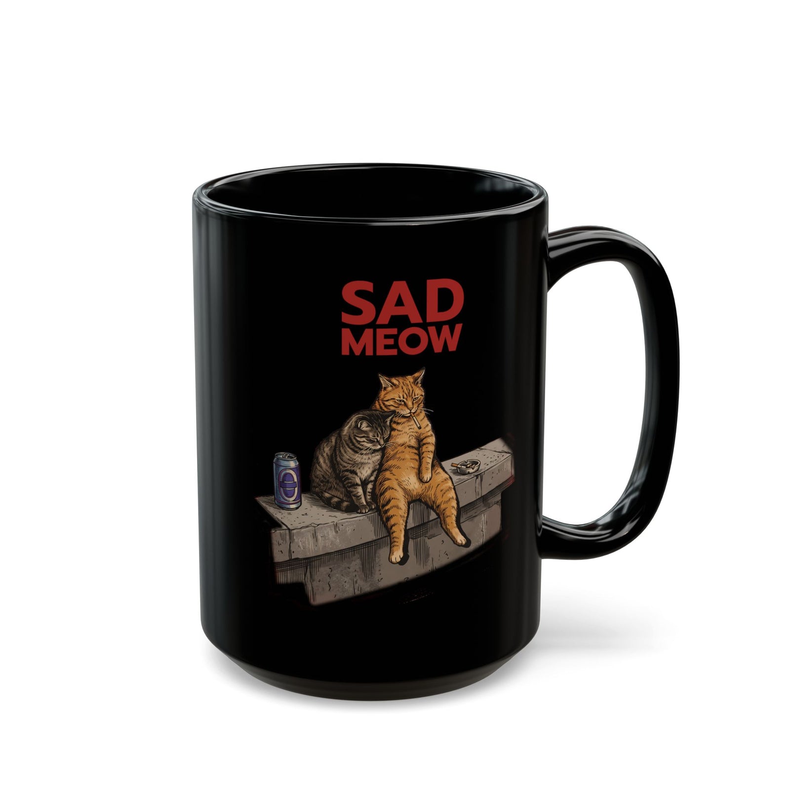 Sad Meow Black Mug — Funny Depressed Smoking Cats Graphic Mug