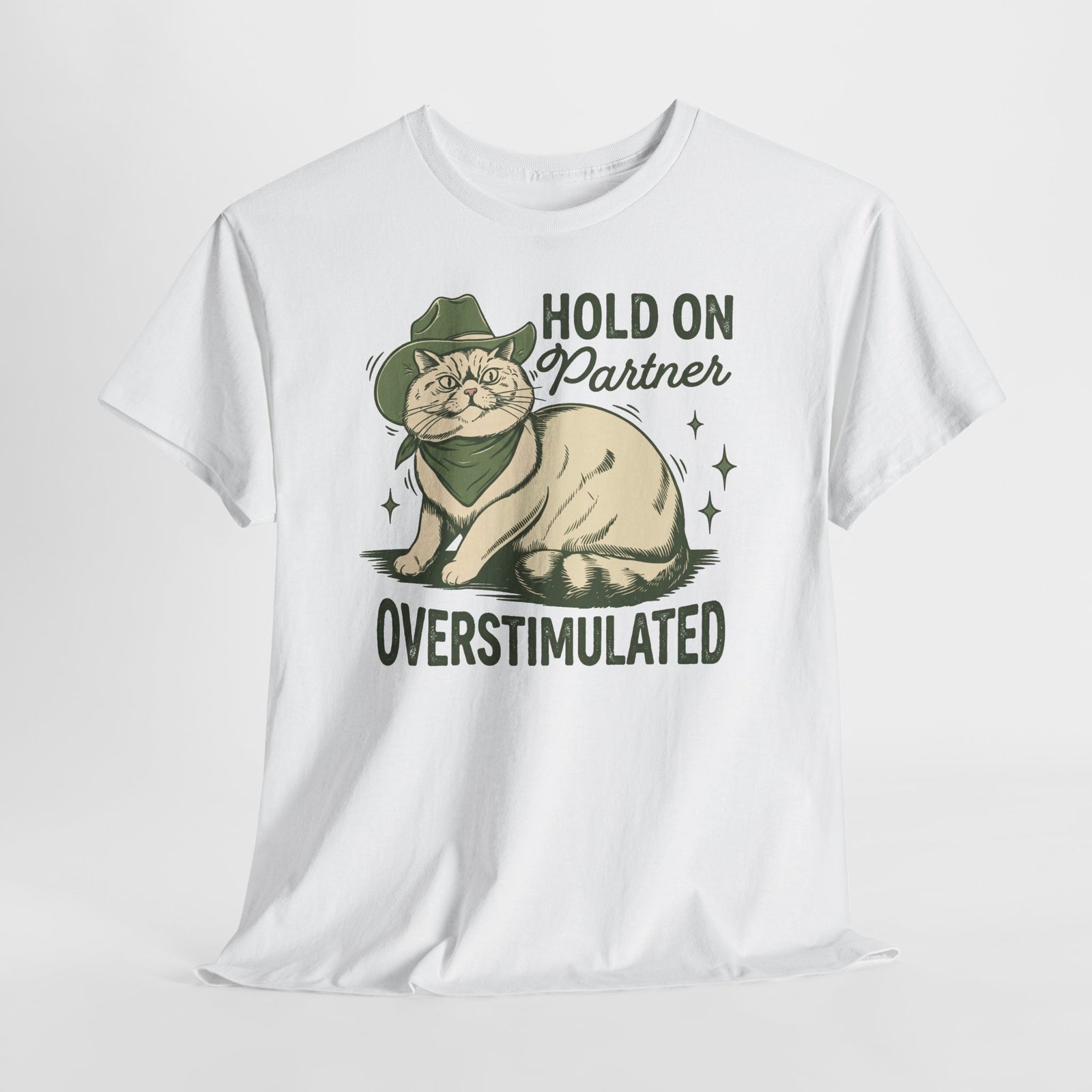 Hold On Partner Overstimulated Cat Tee — Funny Cowgirl Cat Graphic T-Shirt
