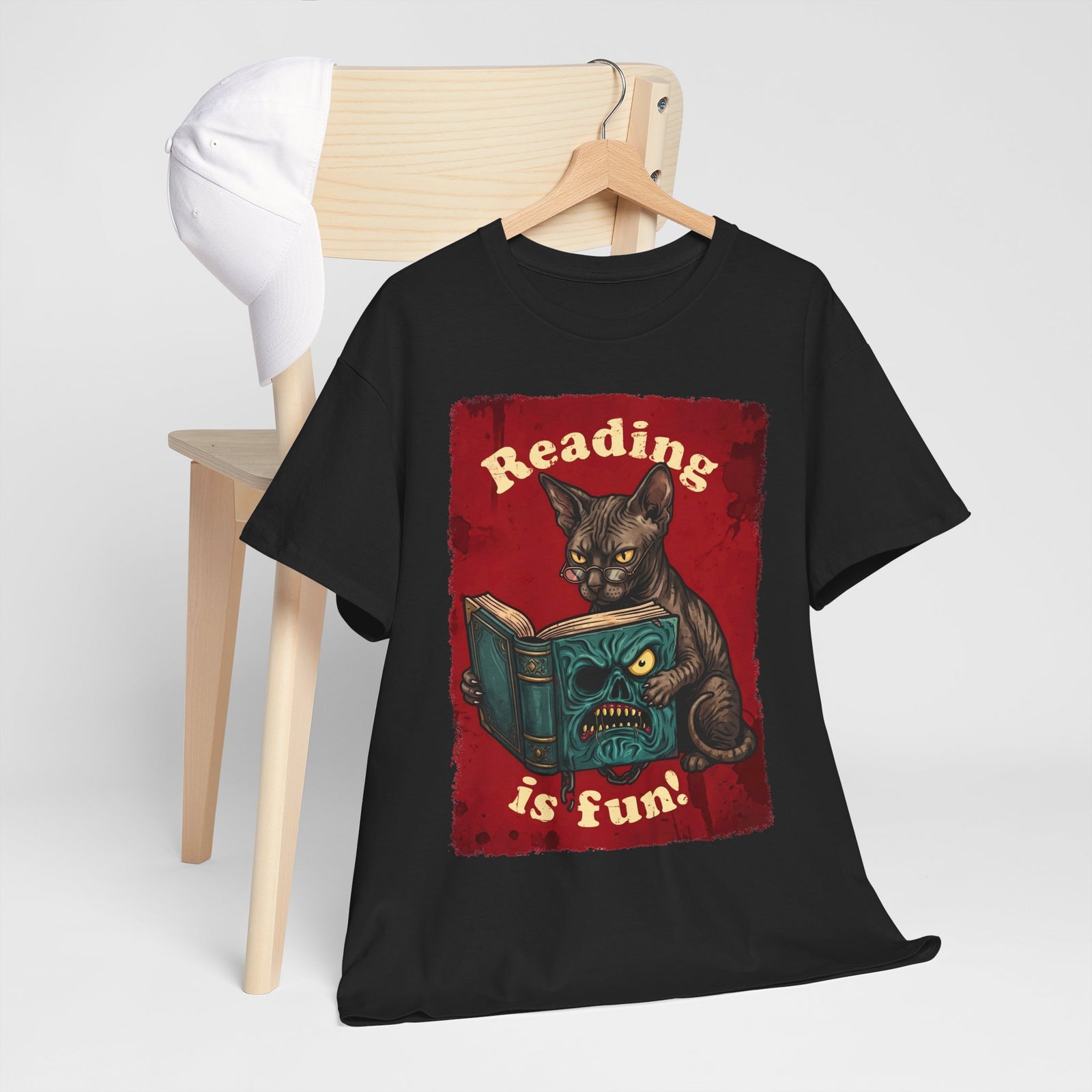 Reading Is Fun Necronomicon Sphynx Cat T-Shirt — Evil Dead Horror Book Tee