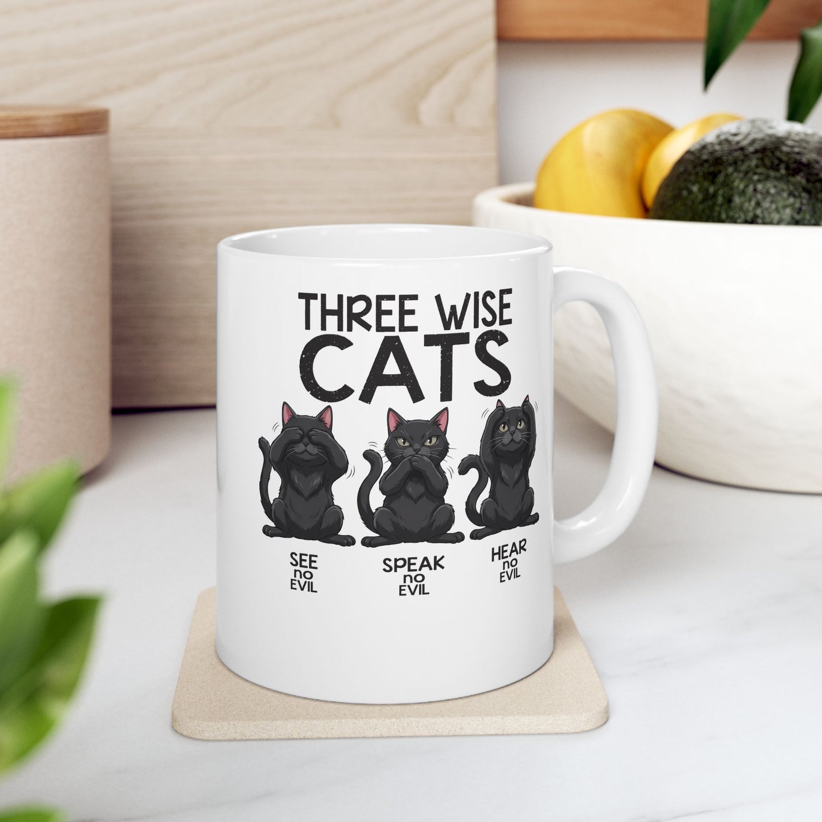 Three Wise Cats Ceramic Mug — See Speak Hear No Evil Black Cat Graphic