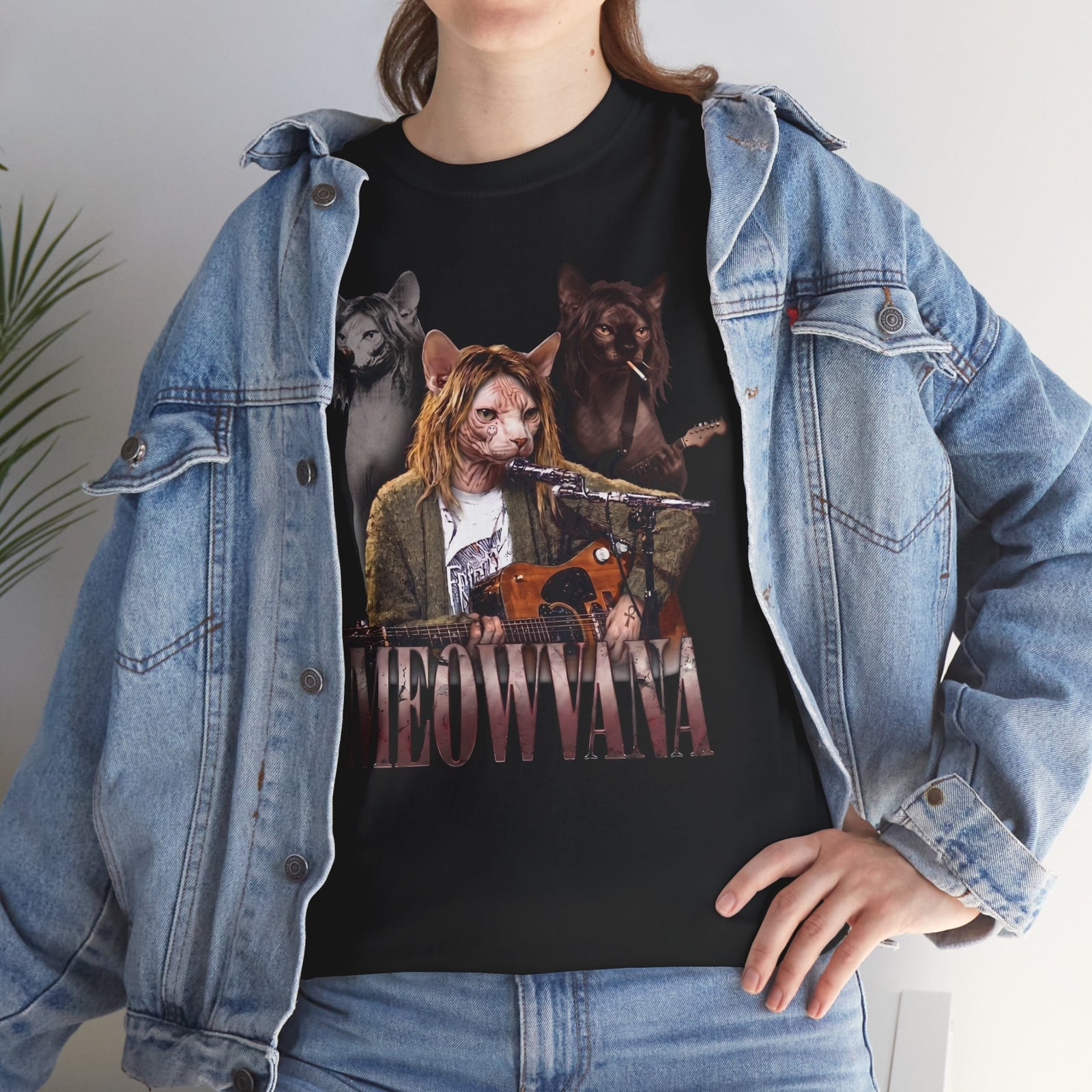 Meowvana Grunge Cat Band T-Shirt — Funny 90s Rock Sphynx Cat Tee