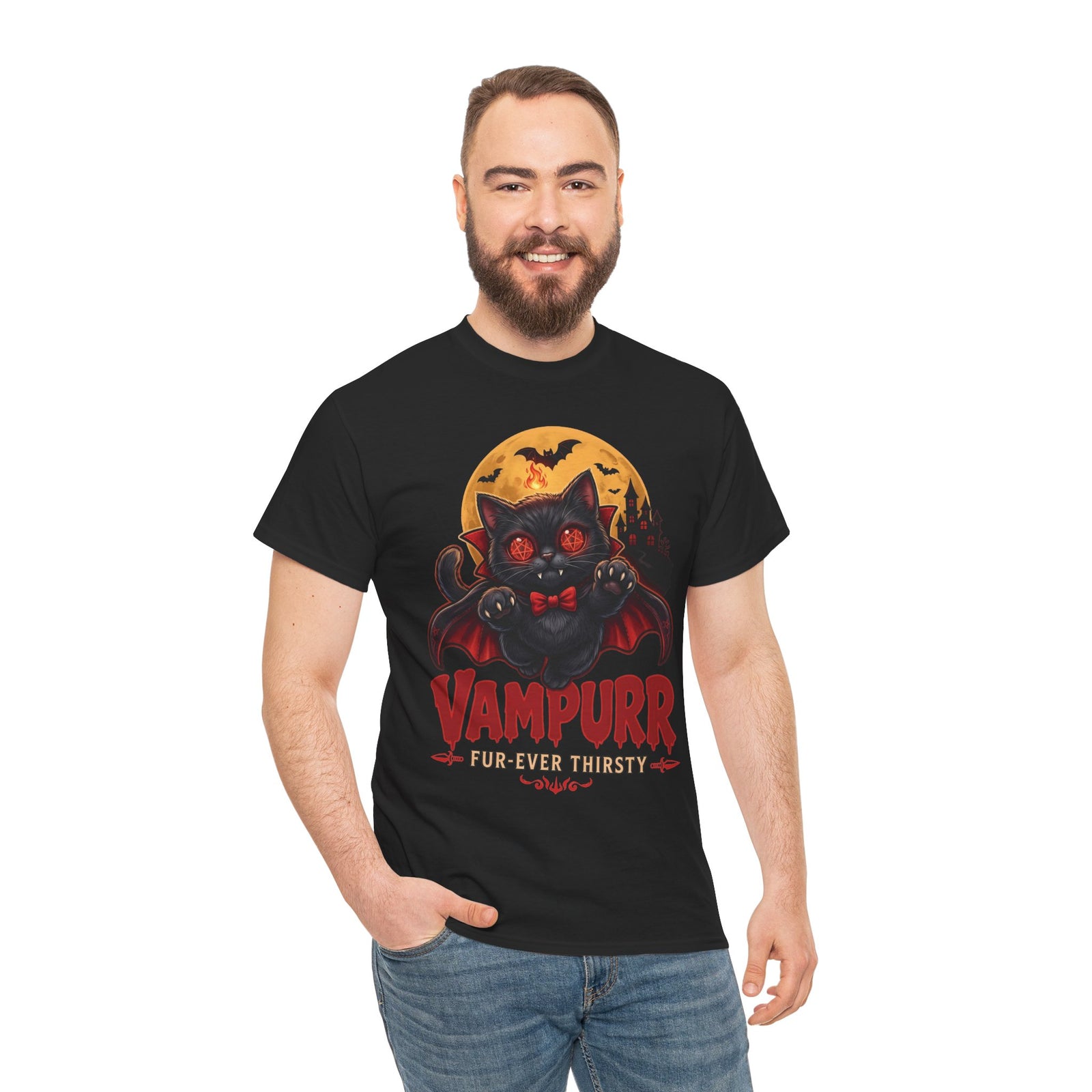 Vampurr Fur-Ever Thirsty Cat T-Shirt — Spooky Halloween Vampire Tee