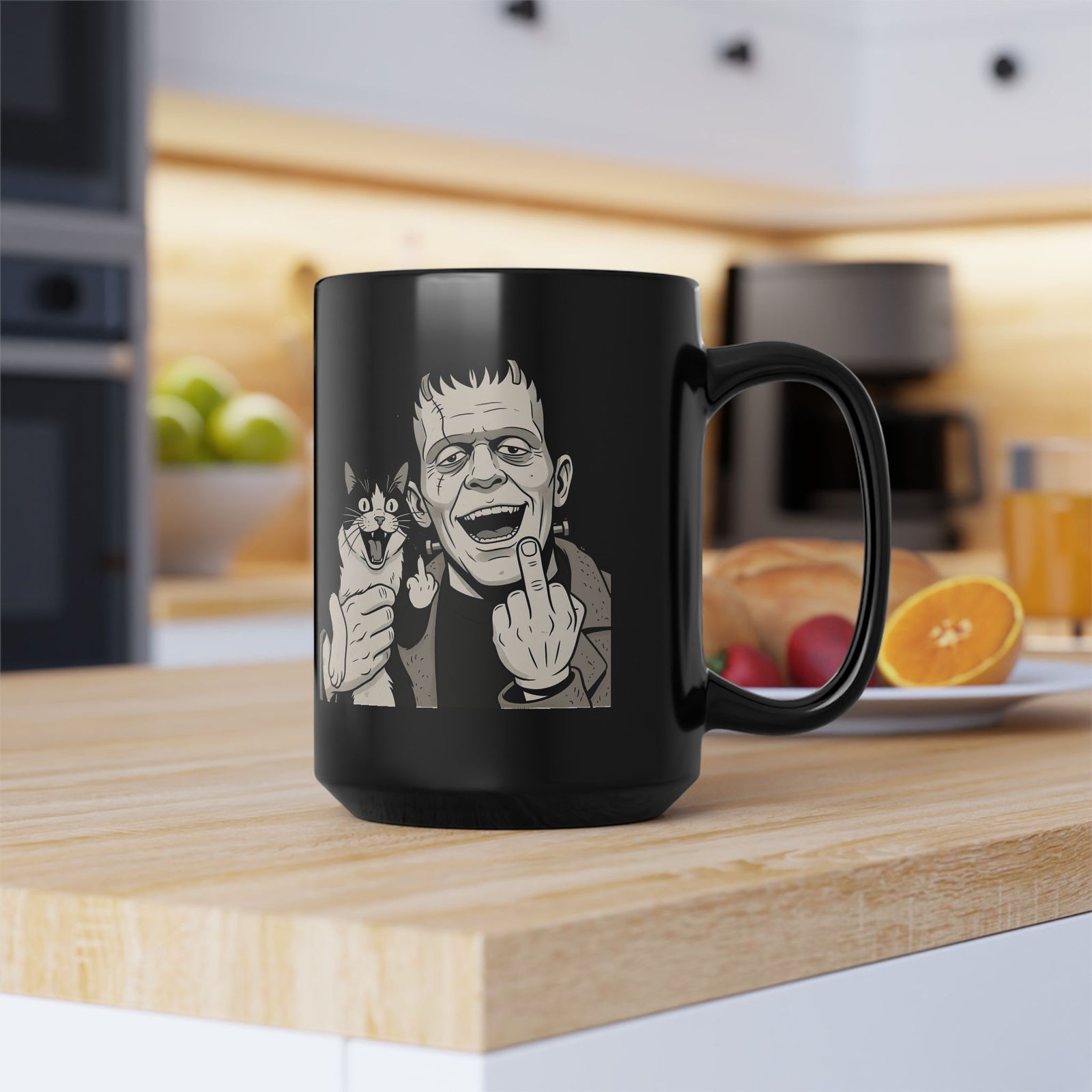 Frankenstein Cat T‑Mug — Cute Spooky Cat & Frankenstein Design