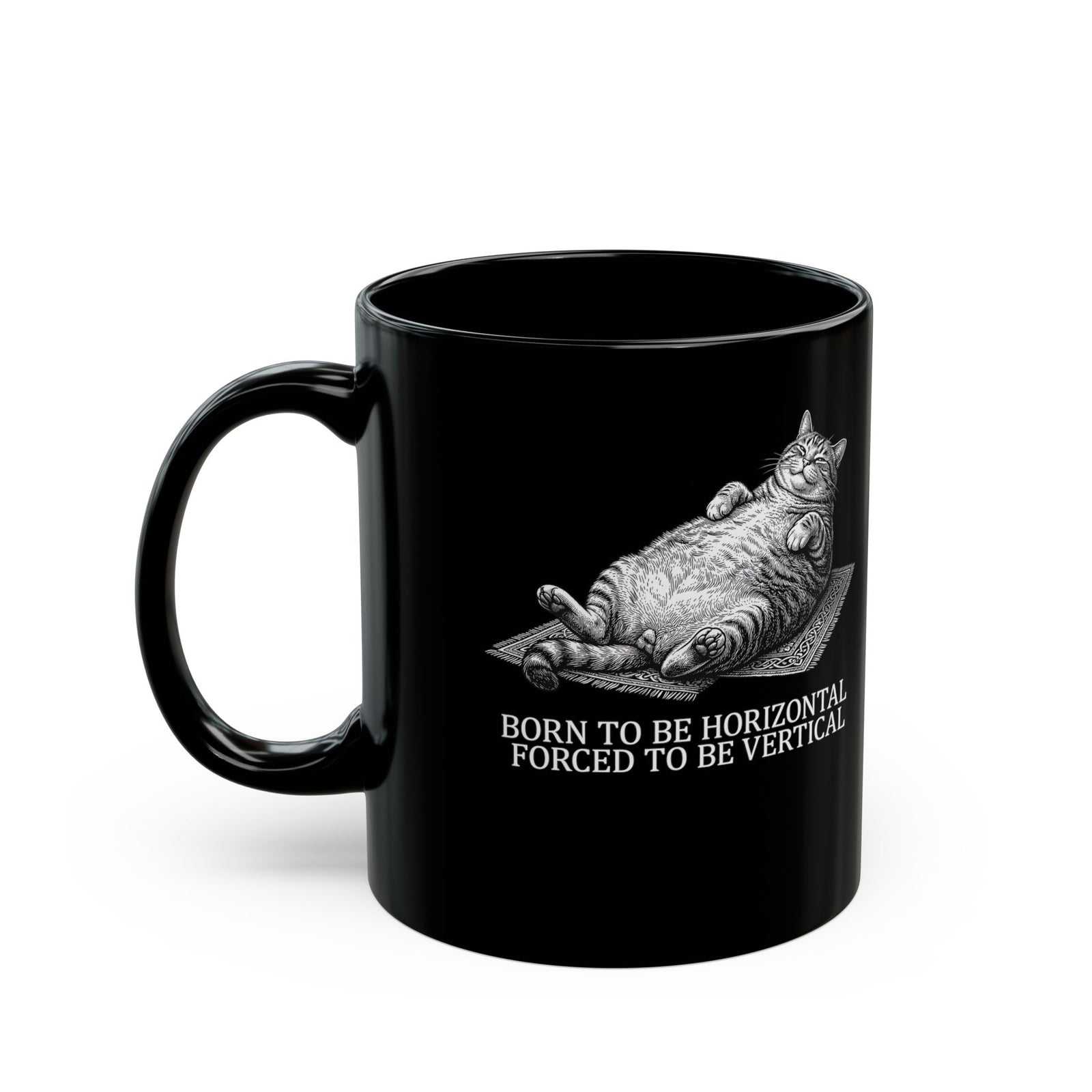 Born to Be Horizontal Fat Cat Black Mug — Funny Lazy Cat Mug