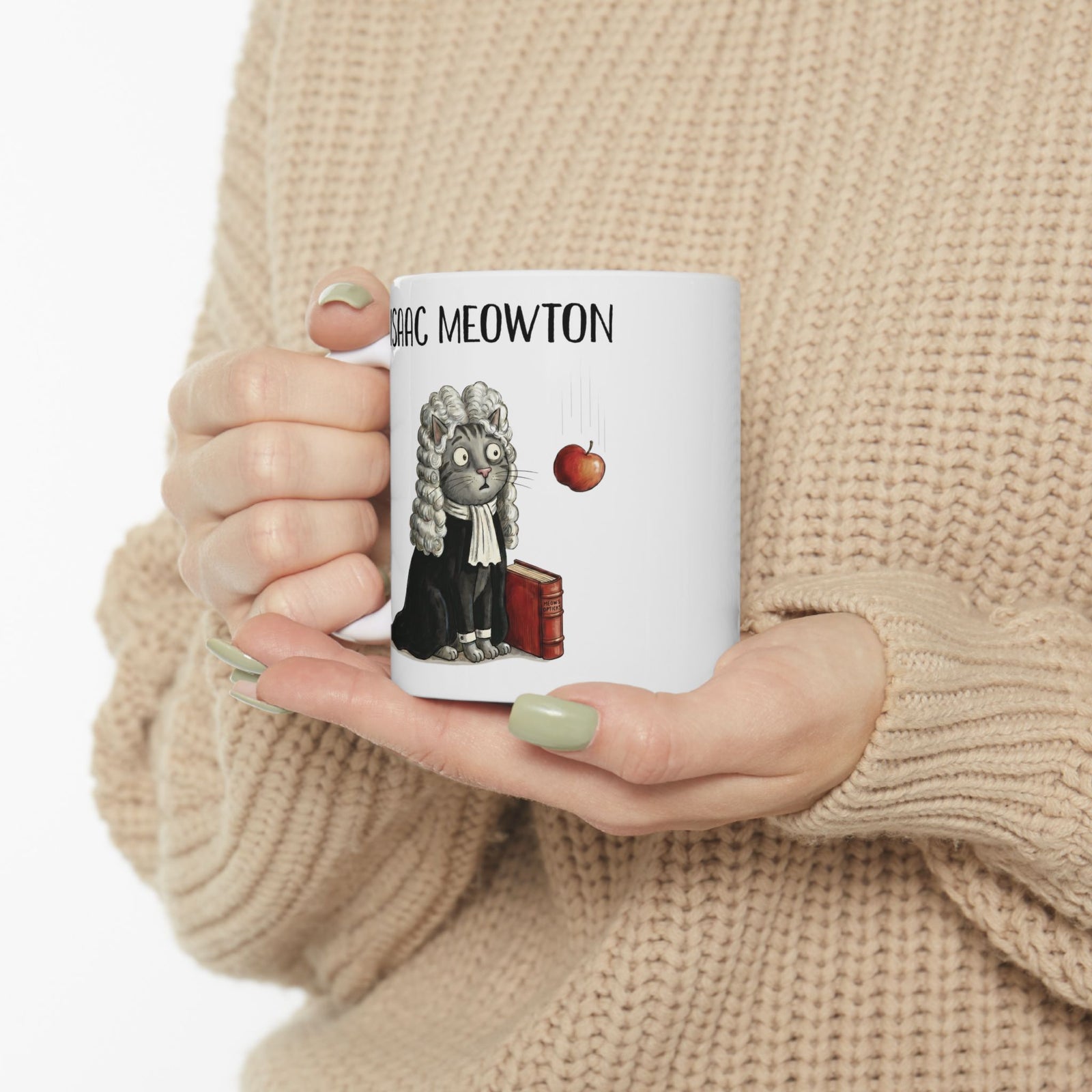 Isaac Meowton Ceramic Mug — Funny Science Pun Cat Gravity Graphic Mug