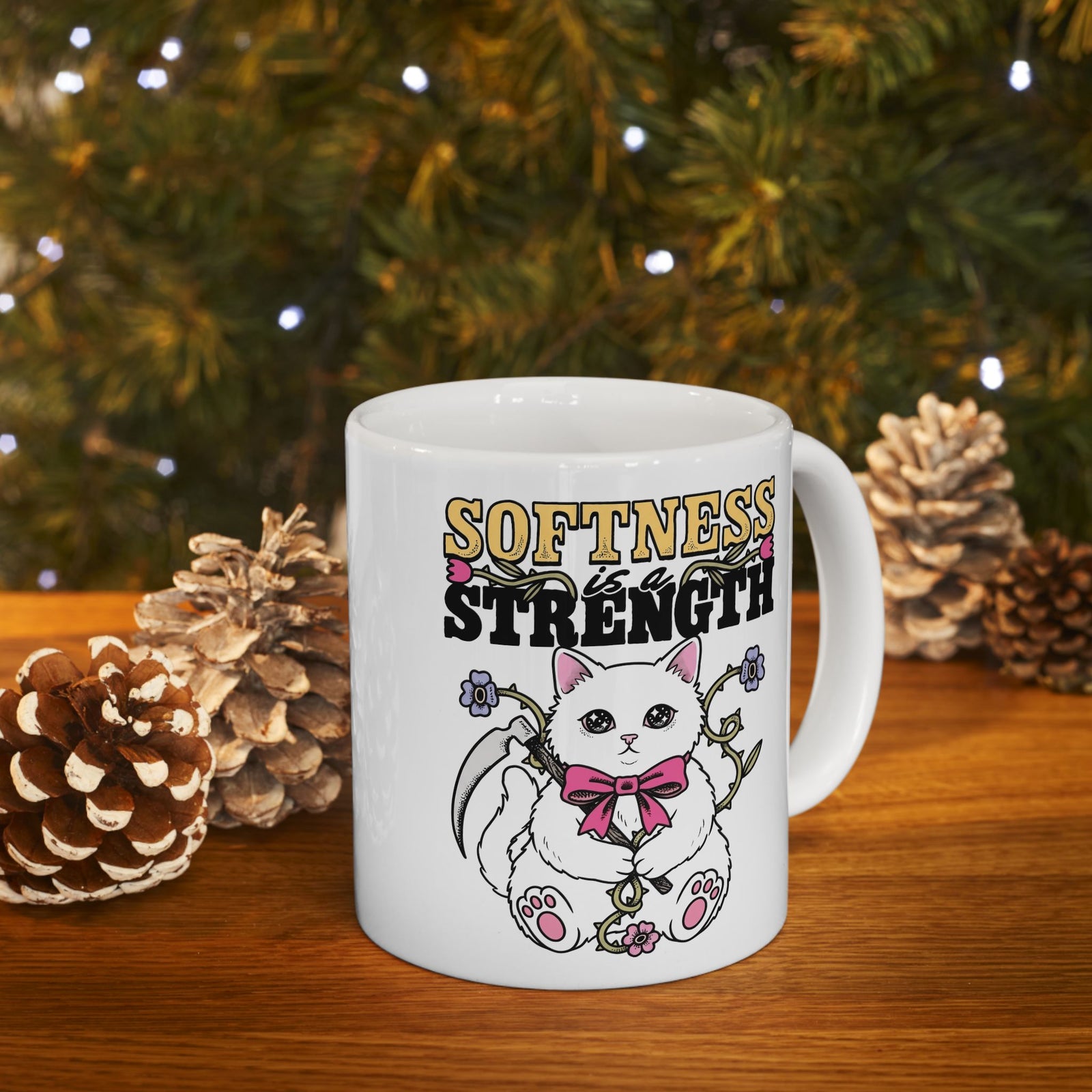 Softness Is A Strength Ceramic Mug — Funny Cute White Kitten Scythe Graphic Mug