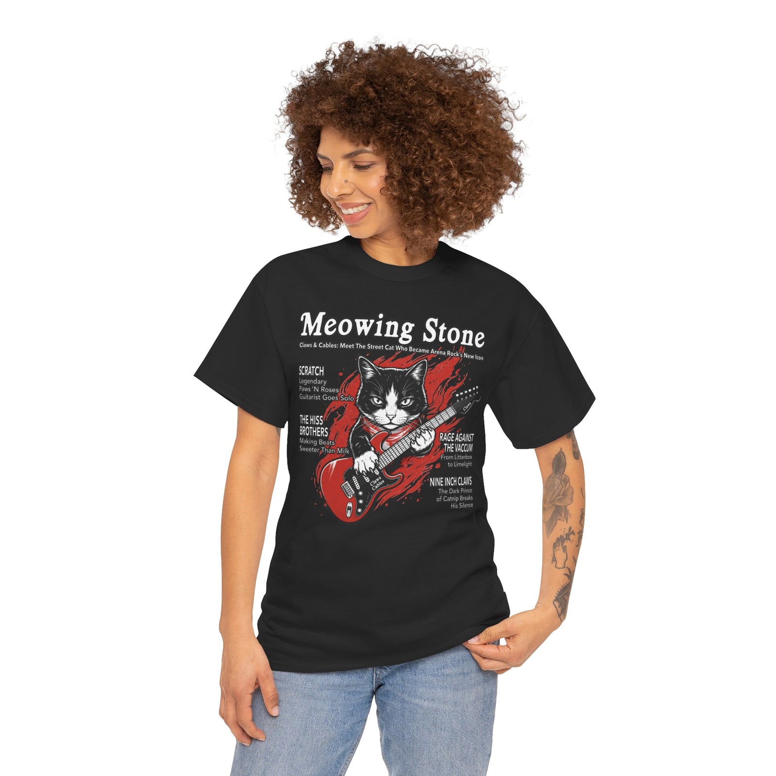 Meowing Stone Guitar Cat T-Shirt — Rock Band Cat Graphic Tee