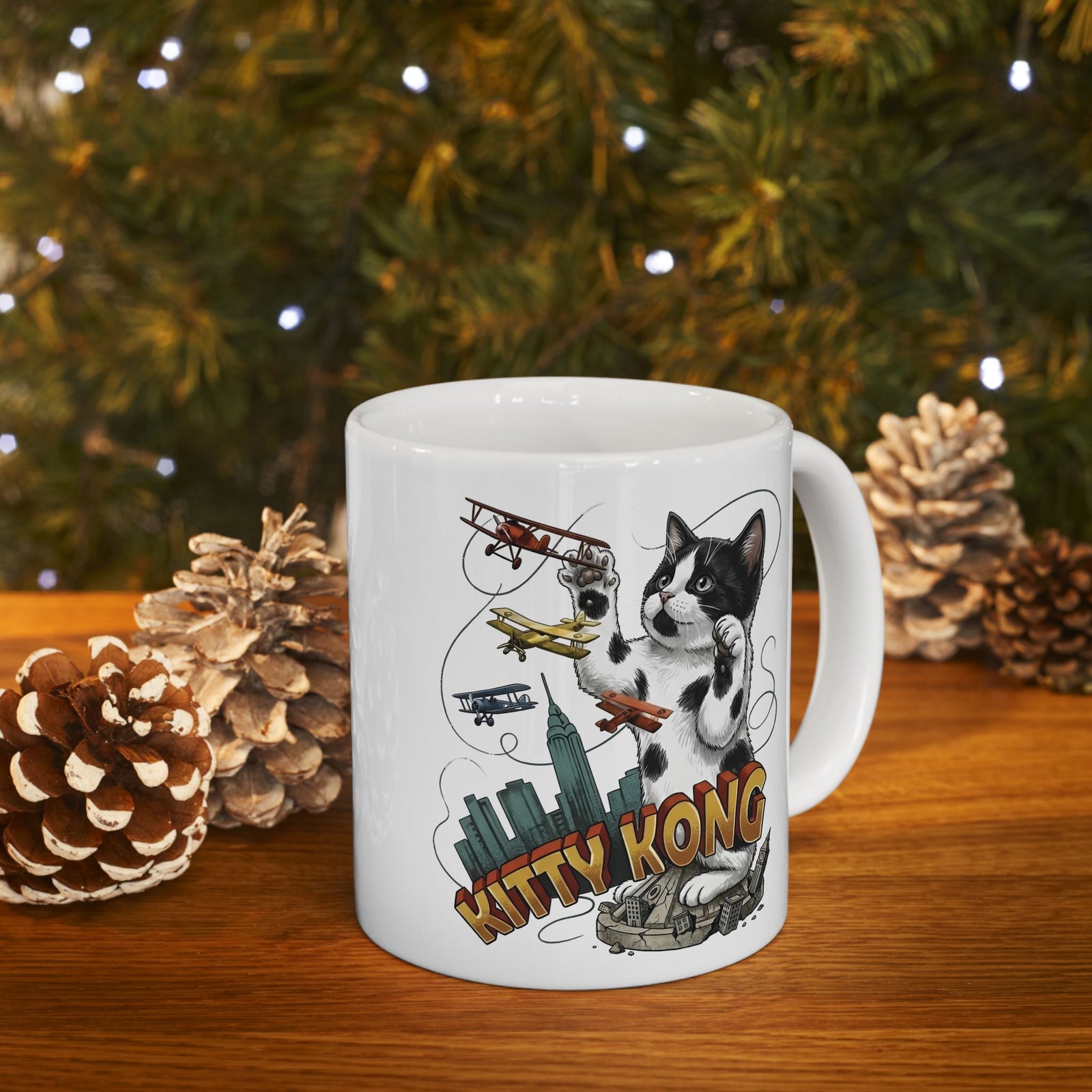 Kittie Kong Parody Cat Ceramic Mug — Funny Vintage-Style Cat Mug
