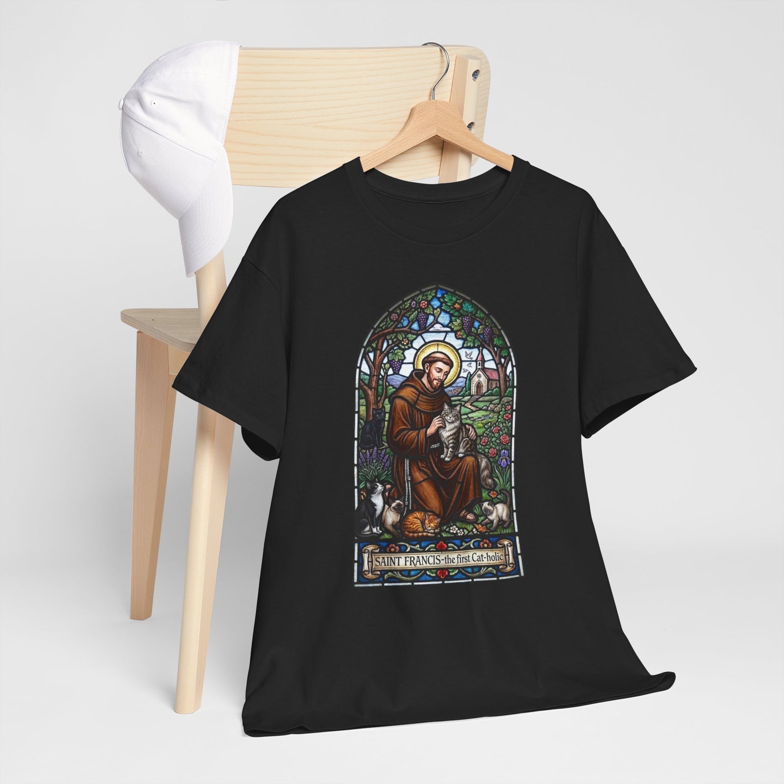 Saint Francis Cat T-Shirt — "SAINT FRANCIS — the first Cat-holic"
