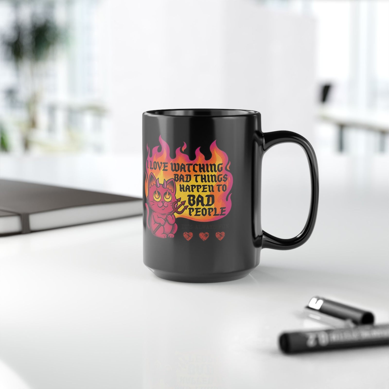 Evil Cat 'I Love Watching Bad Things' Black Mug