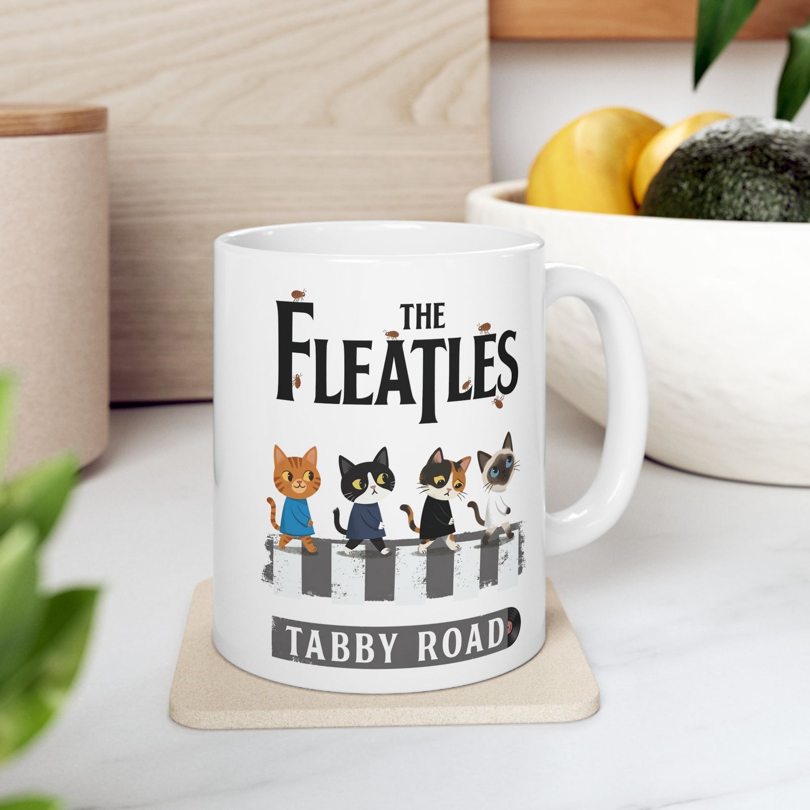 Fleatles Parody Cat Ceramic Mug — Retro Beatles-Inspired Cat Band Mug