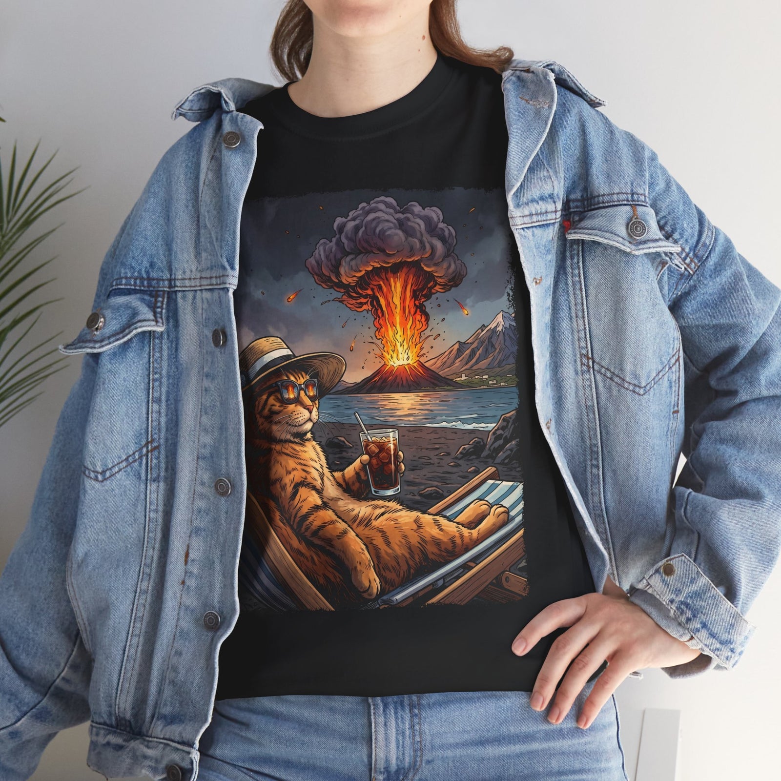 Unbothered Orange Cat Volcano T-Shirt — Funny Chaos Beach Lounging Tee
