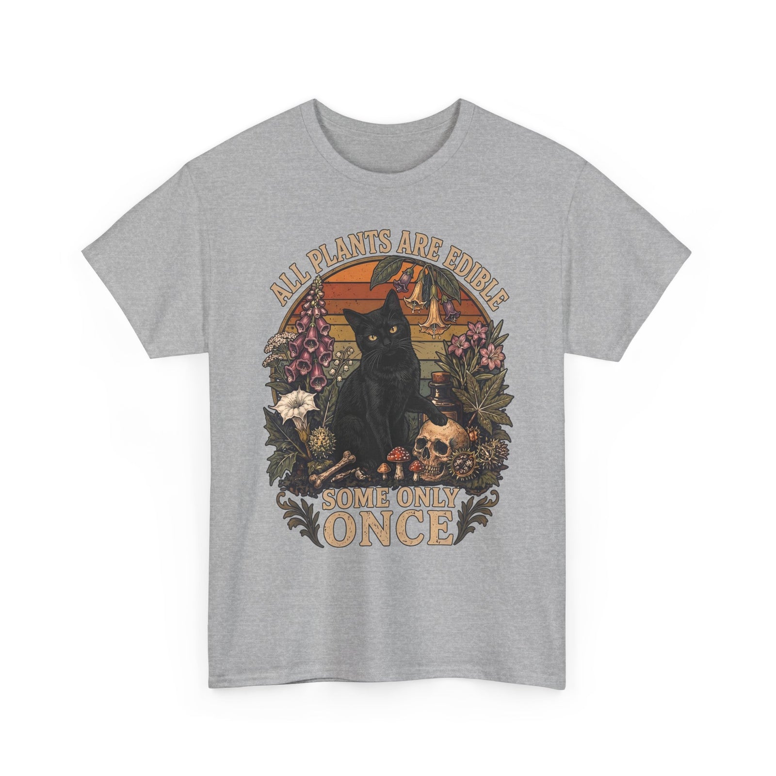 All Plants Are Edible Some Only Once T-Shirt — Funny Black Cat Botanical Tee