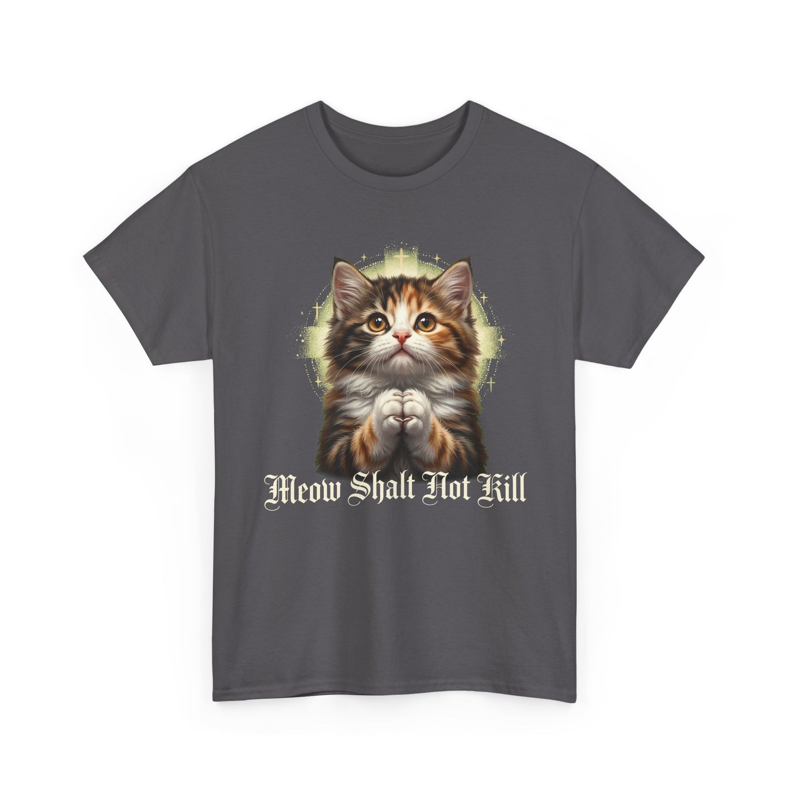 Praying Kitten T‑Shirt — "Meow Shalt Not Kill" Cute Vintage Cat Tee