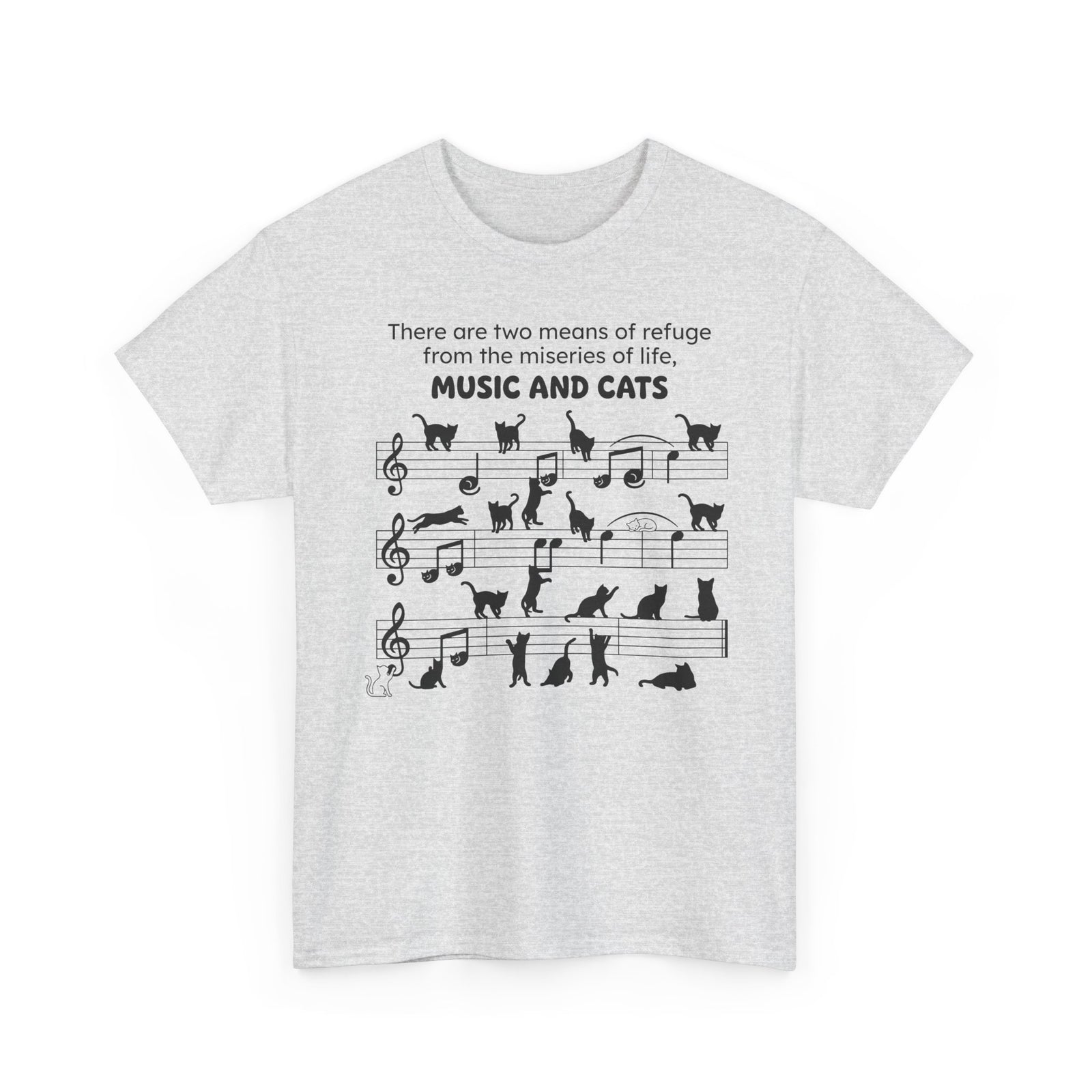 Music and Cats T-Shirt — Graphic Tee with Musical Score and Cat Silhouettes