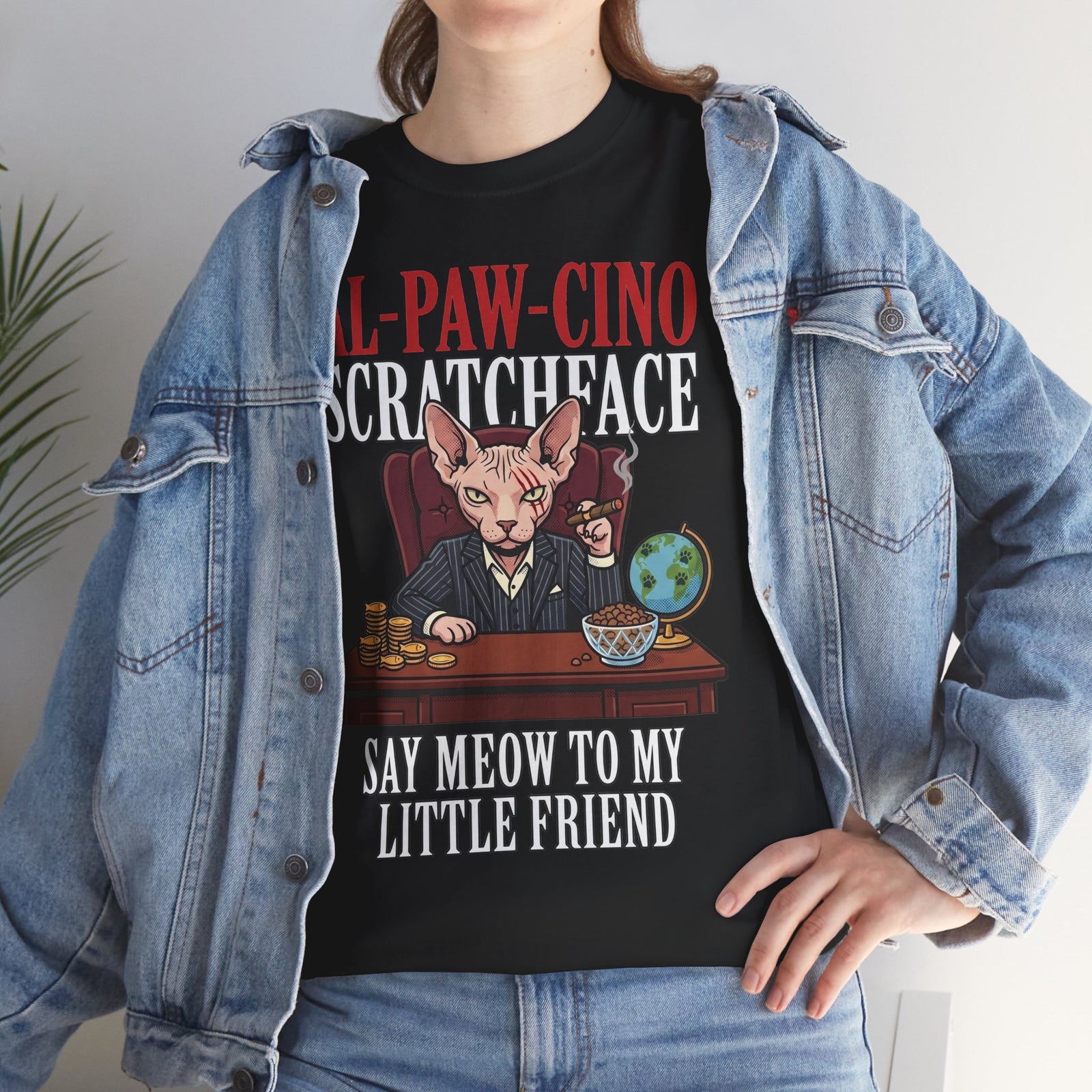 Al-Paw-Cino Scratcheace T-Shirt – Funny Cat Mafia 'Say Meow to My Little Friend' Tee