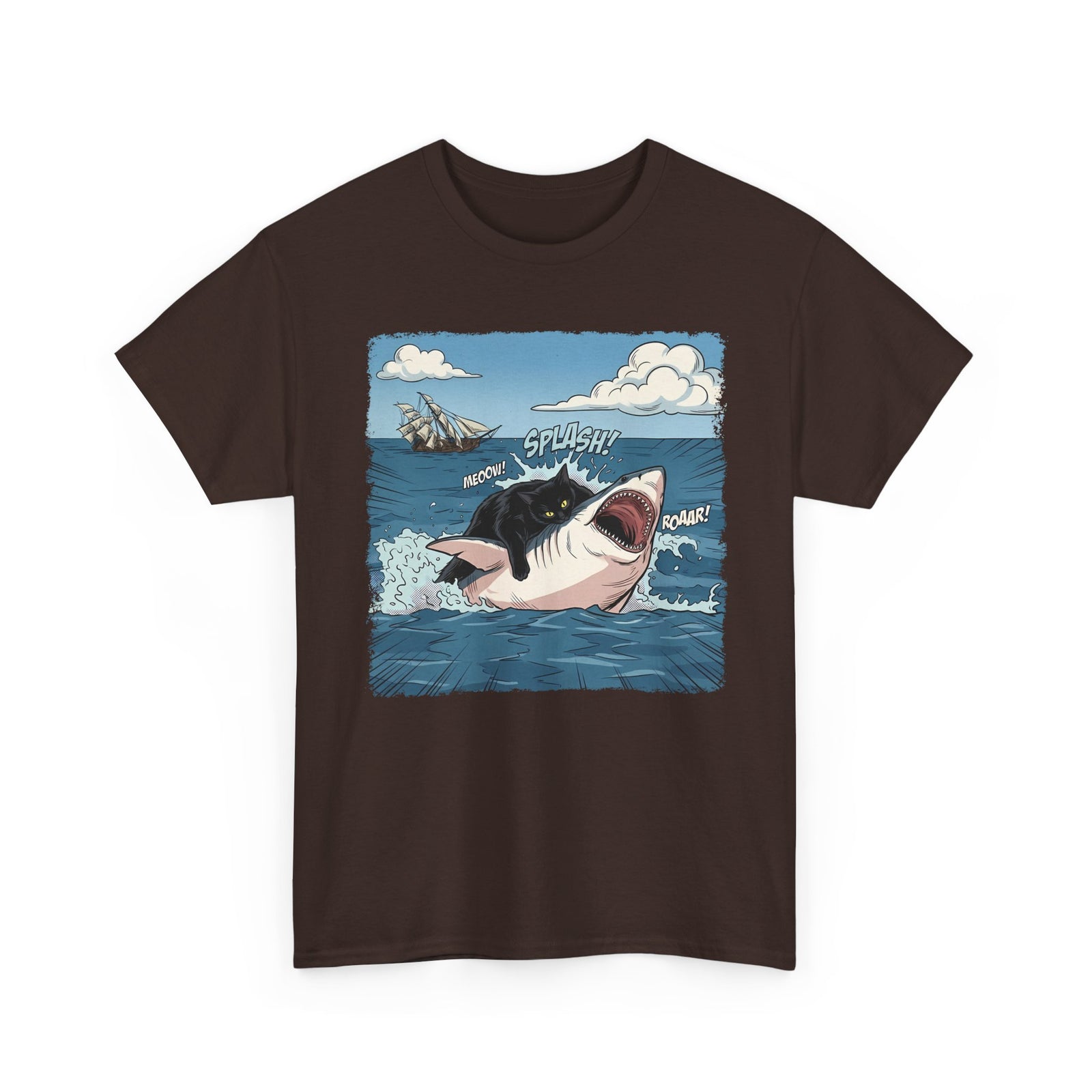 Black Cat Vs White Shark T-Shirt — Funny Comic Book Ocean Battle Tee