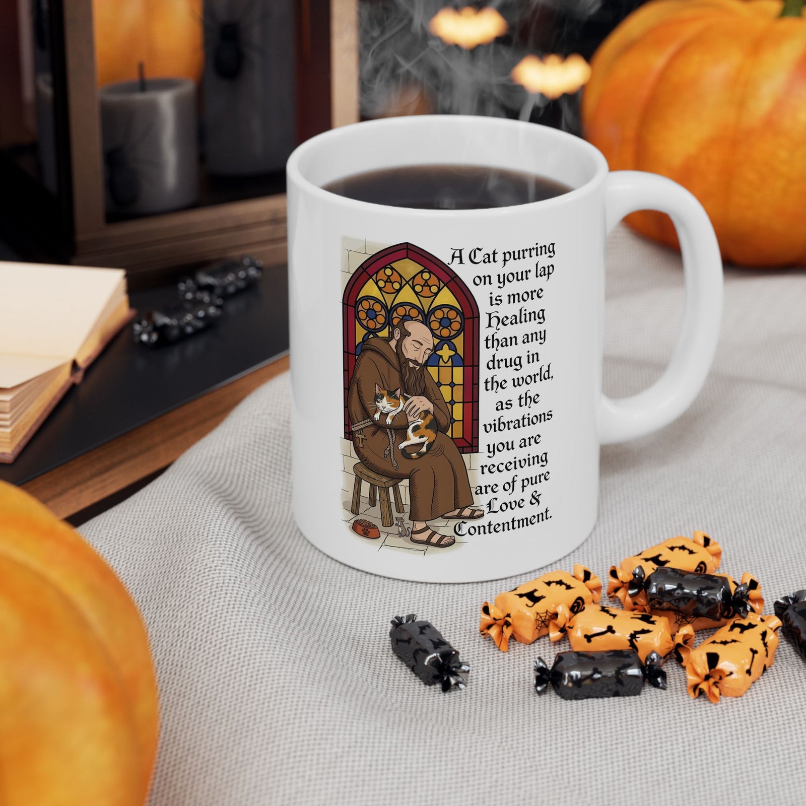 Saint Anthony the Abbot Ceramic Mug — Patron Saint of Animals with Cats Graphic