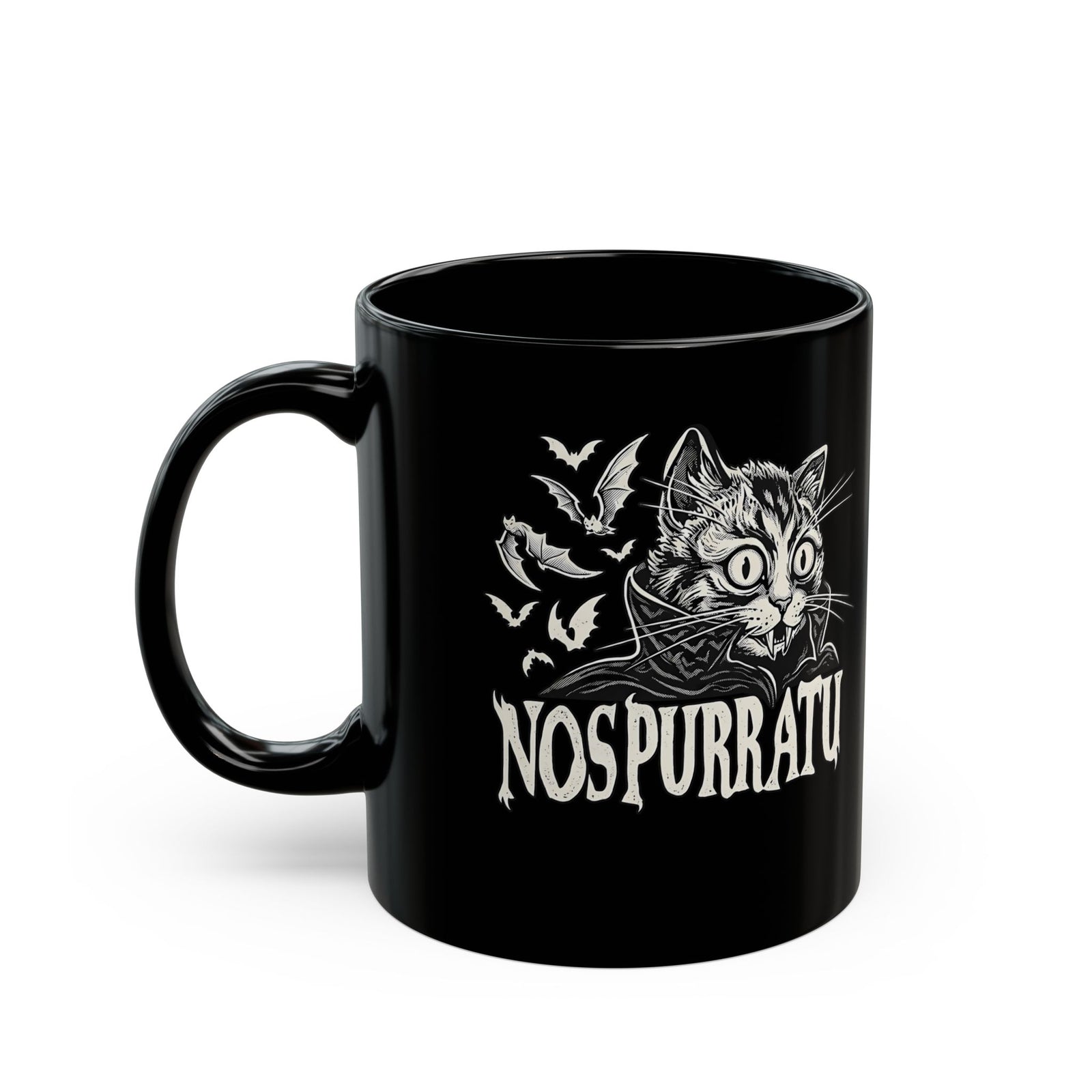 Nosferatu Cat Black Mug — "Nospurratu Cat Nosferatu" Gothic Vampire Cat Mug