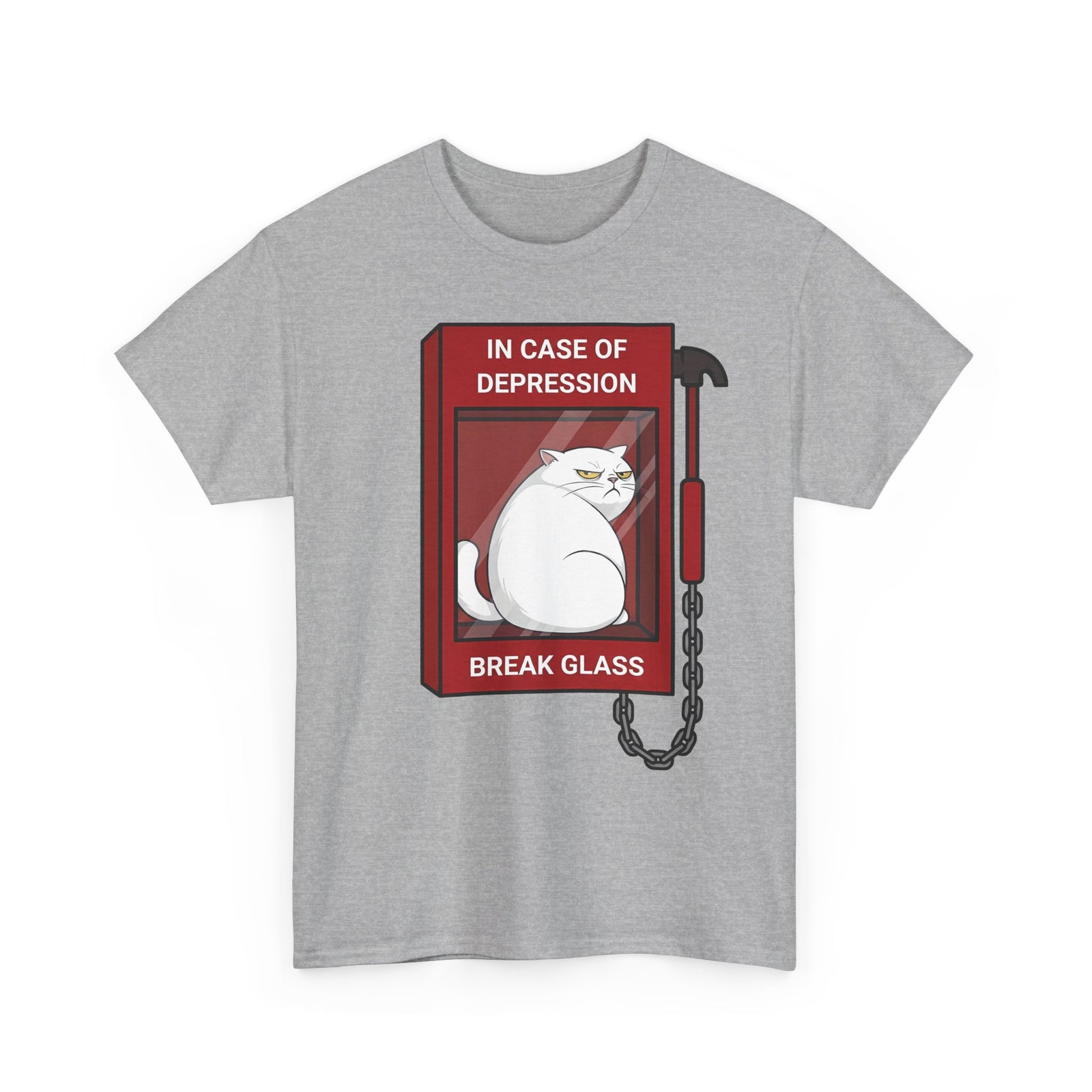 In Case Of Depression Break Glass T-Shirt — Funny Grumpy White Cat Emergency Tee
