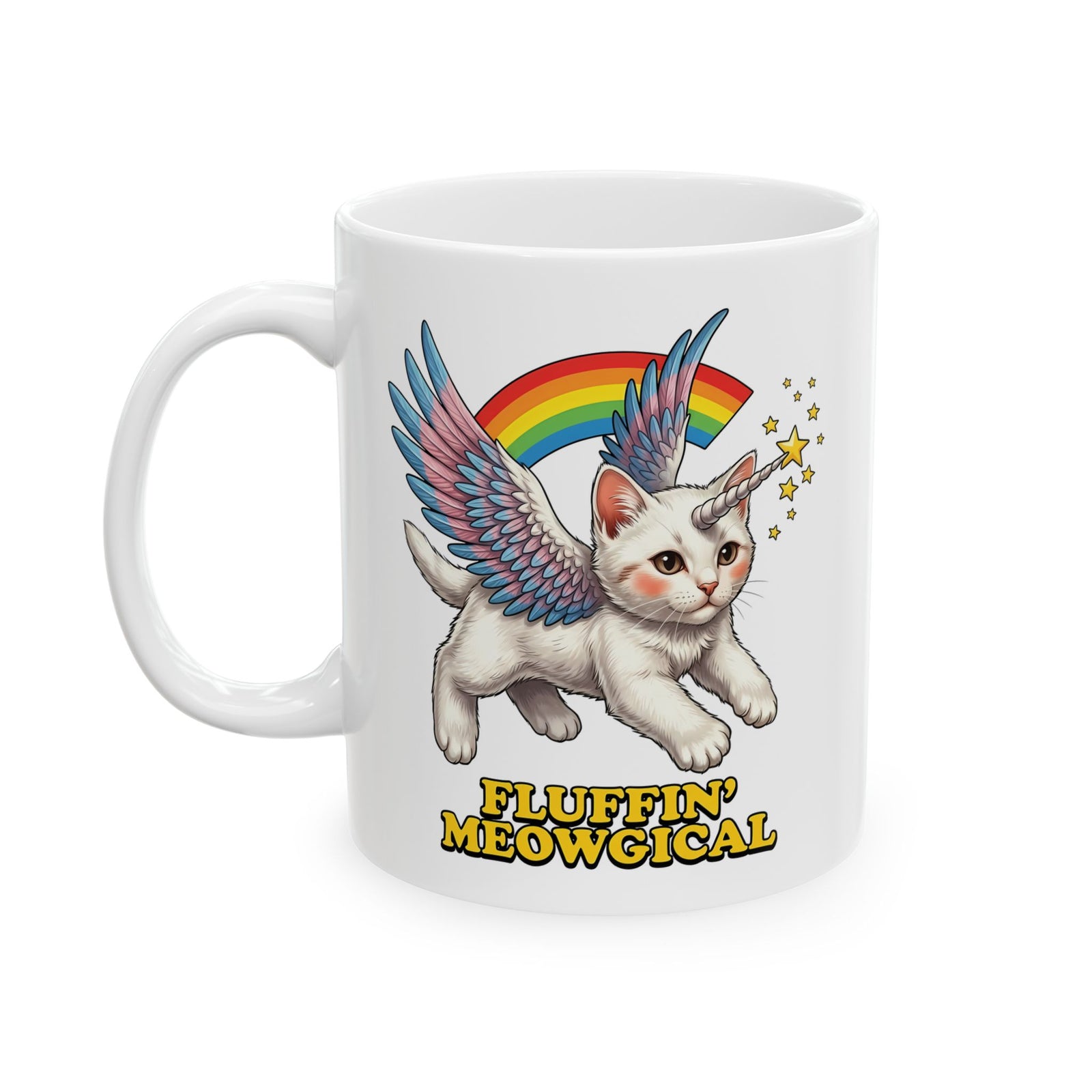 Fluffin' Meowgical Cat Ceramic Mug — Cute Unicorn Kitten Graphic