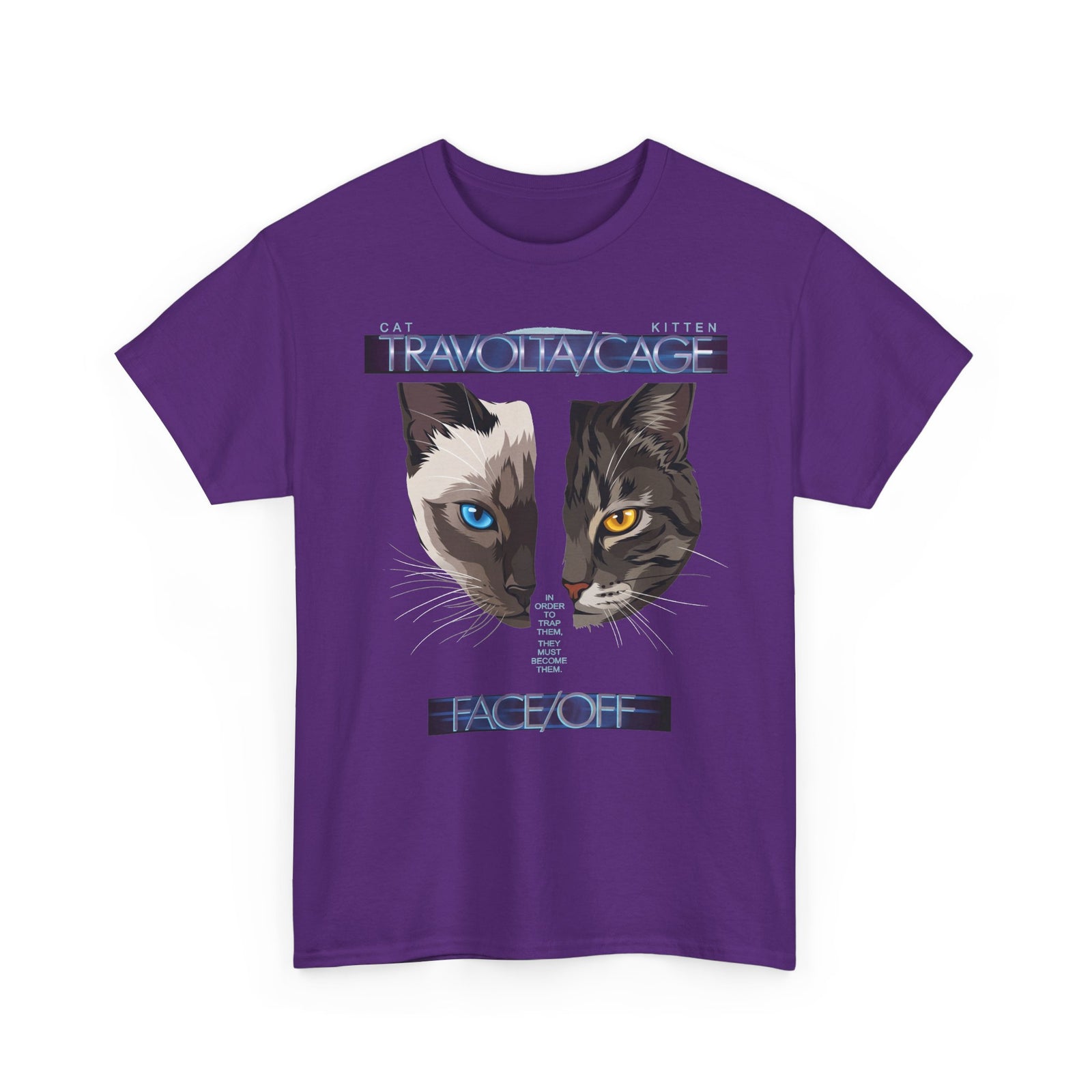 Face/Off Cat Tee — "Travolta/Cage" Split-Face Retro Movie Parody T-Shirt