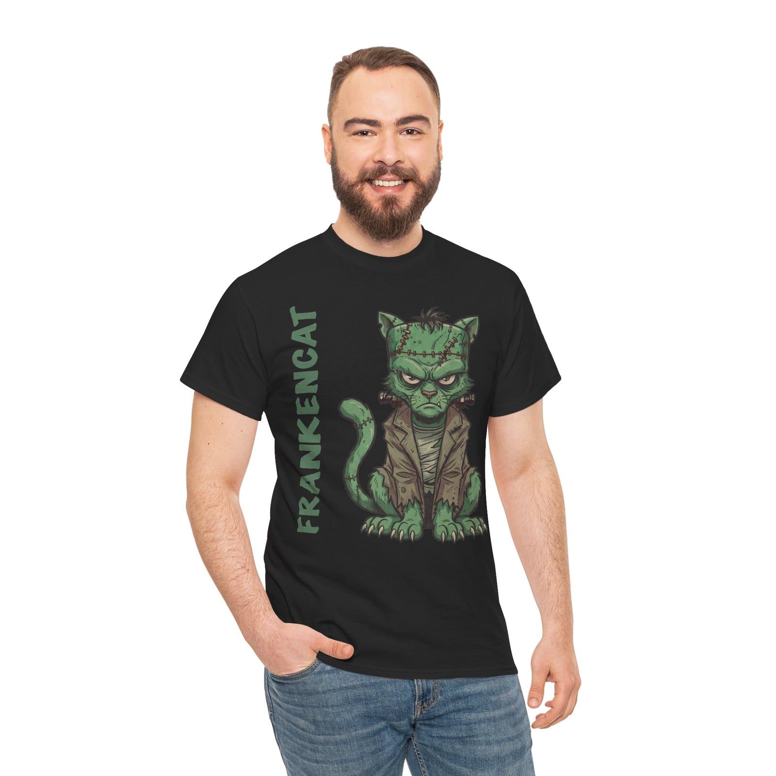 Funny Frankencat Halloween T-Shirt — Green Monster Cat Graphic Apparel