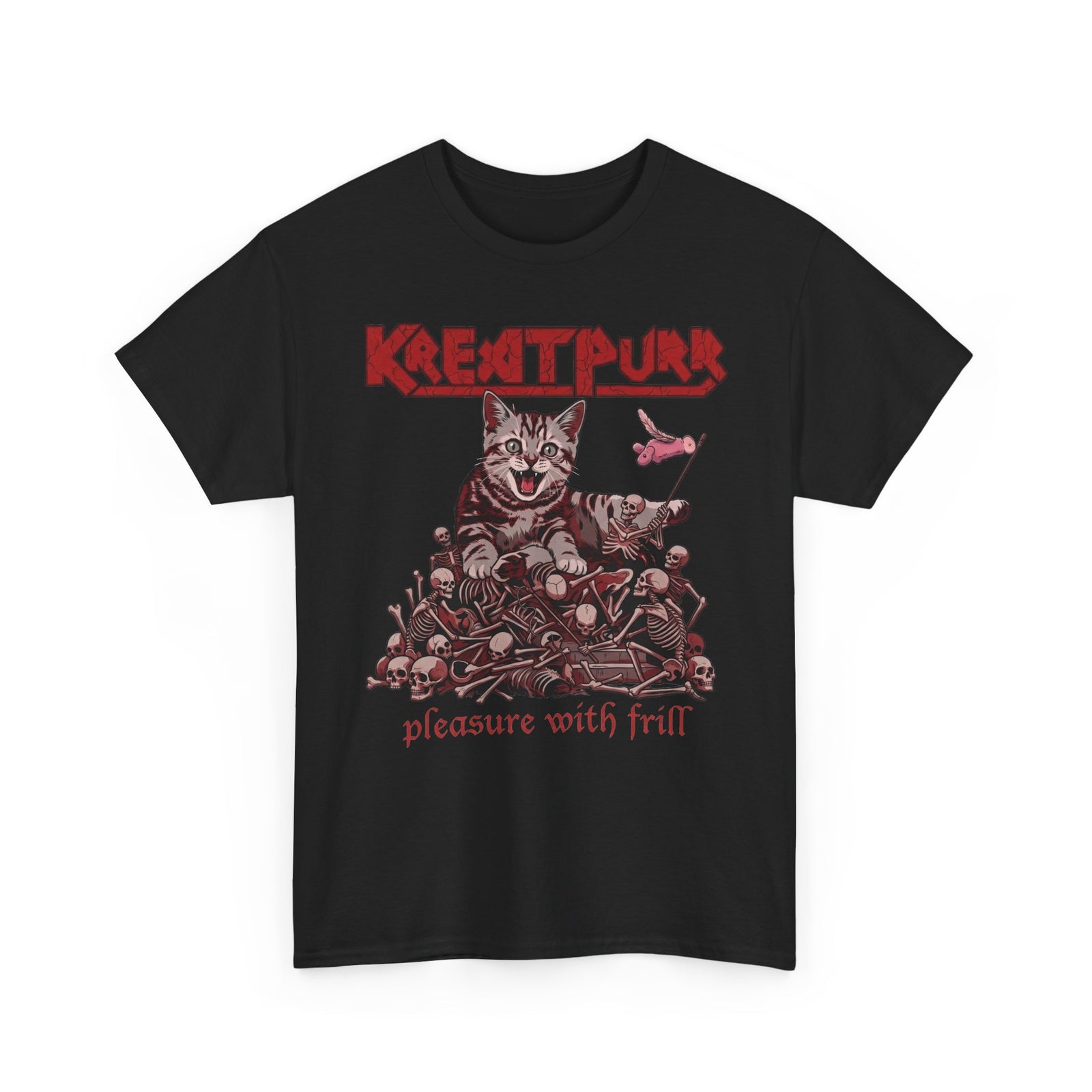 Metal Band Cat Tee — "Krentipurr: Pleasure With Frill" Graphic T-Shirt