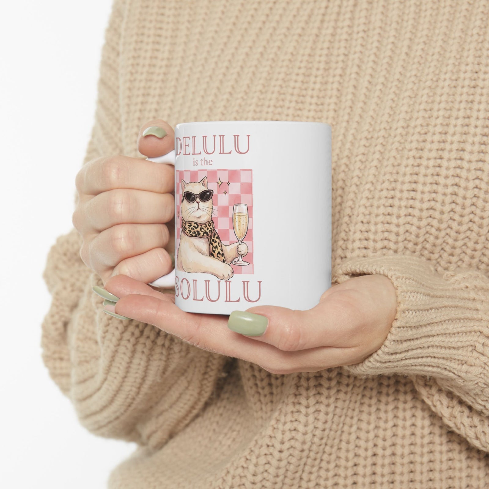 Delulu Is The Solulu Ceramic Mug — Funny Sassy Cat Champagne Graphic Mug