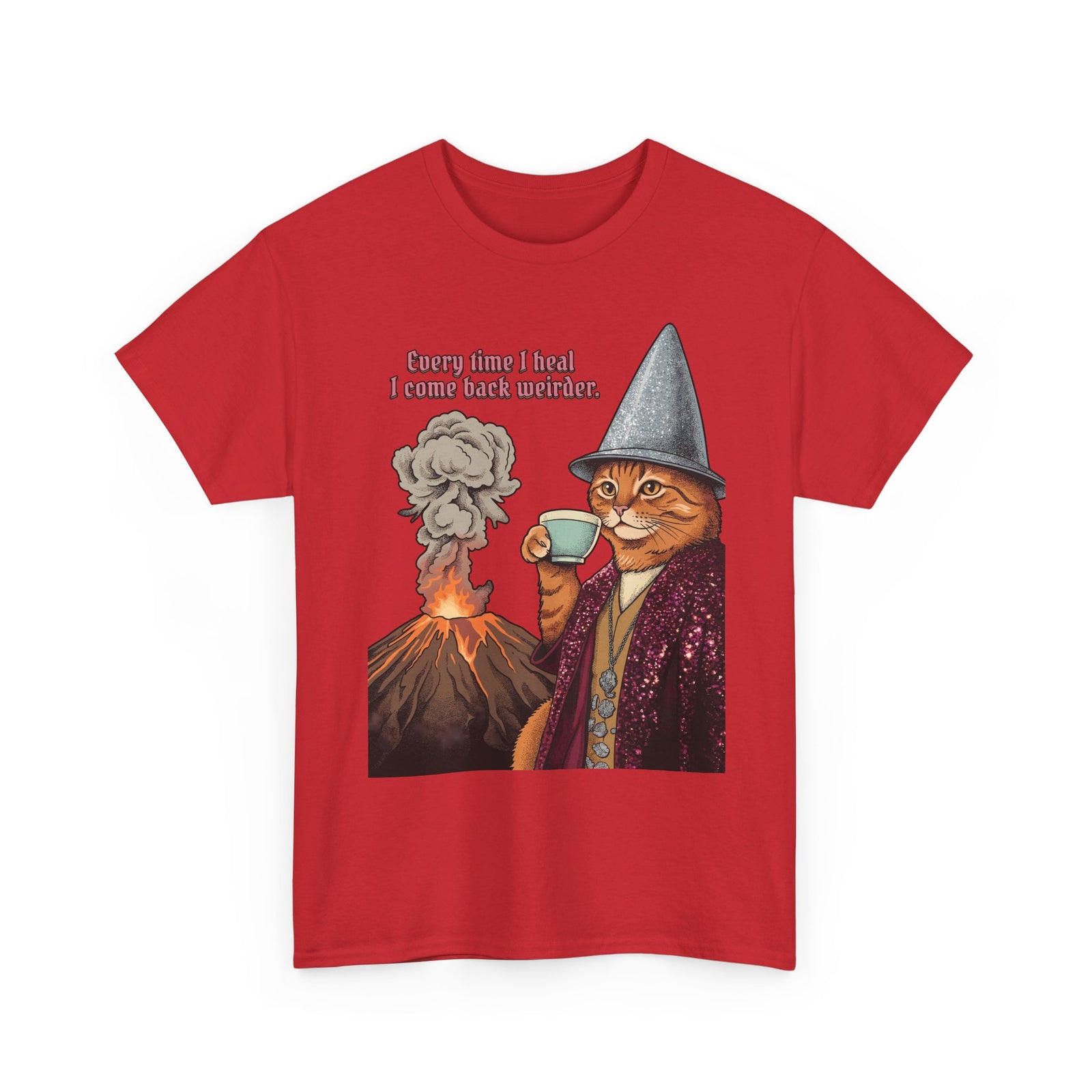 Weird Healing Journey Cat T-Shirt — Retro Feline Tea Time Aesthetic Shirt