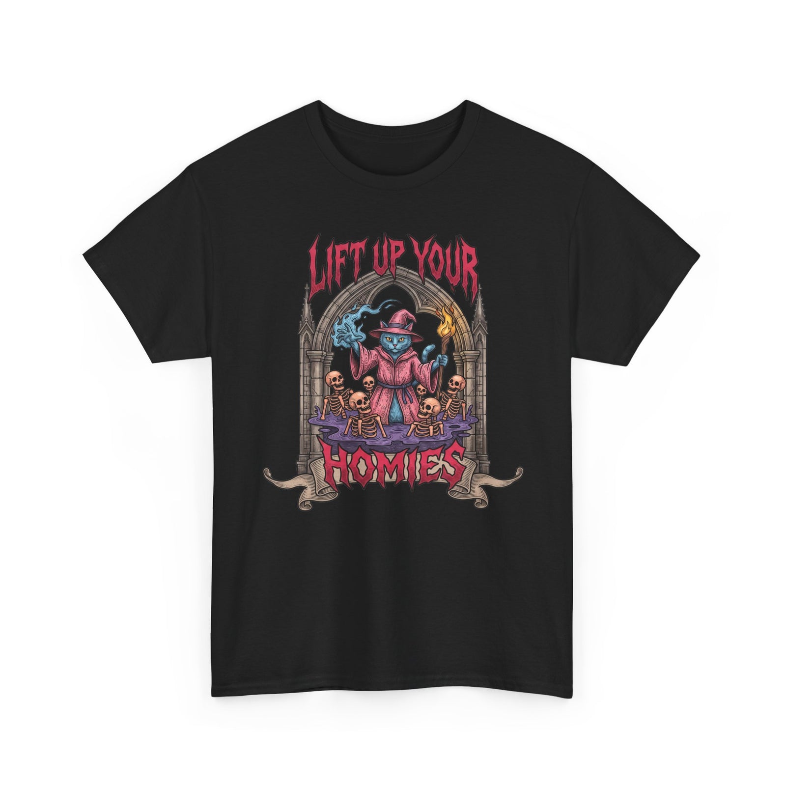 Lift Up Your Homies Wizard Cat T-Shirt — Necromancer Skeleton Feline Tee