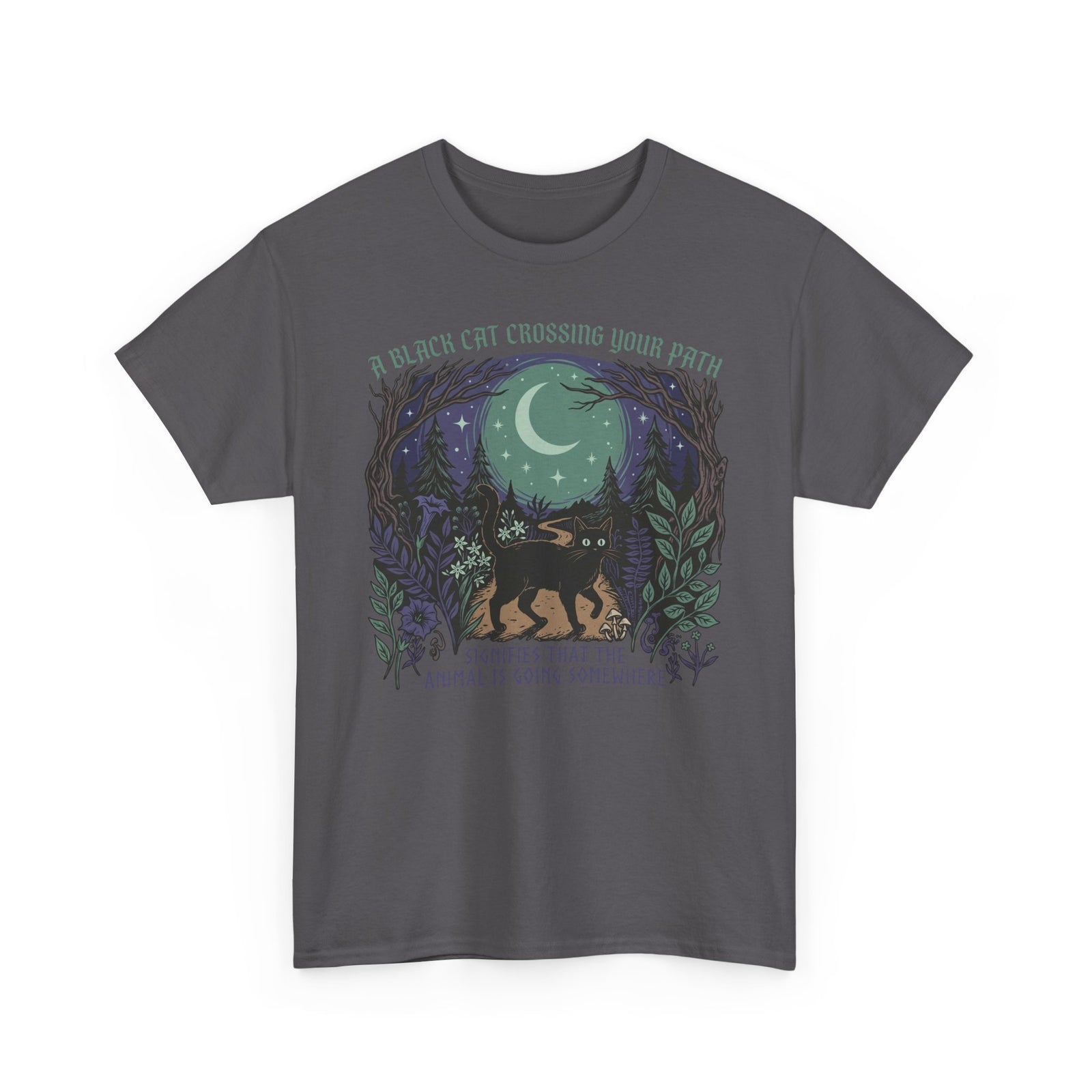 Black Cat Crossing Your Path Tee — Whimsical Moonlit Forest Cat Shirt