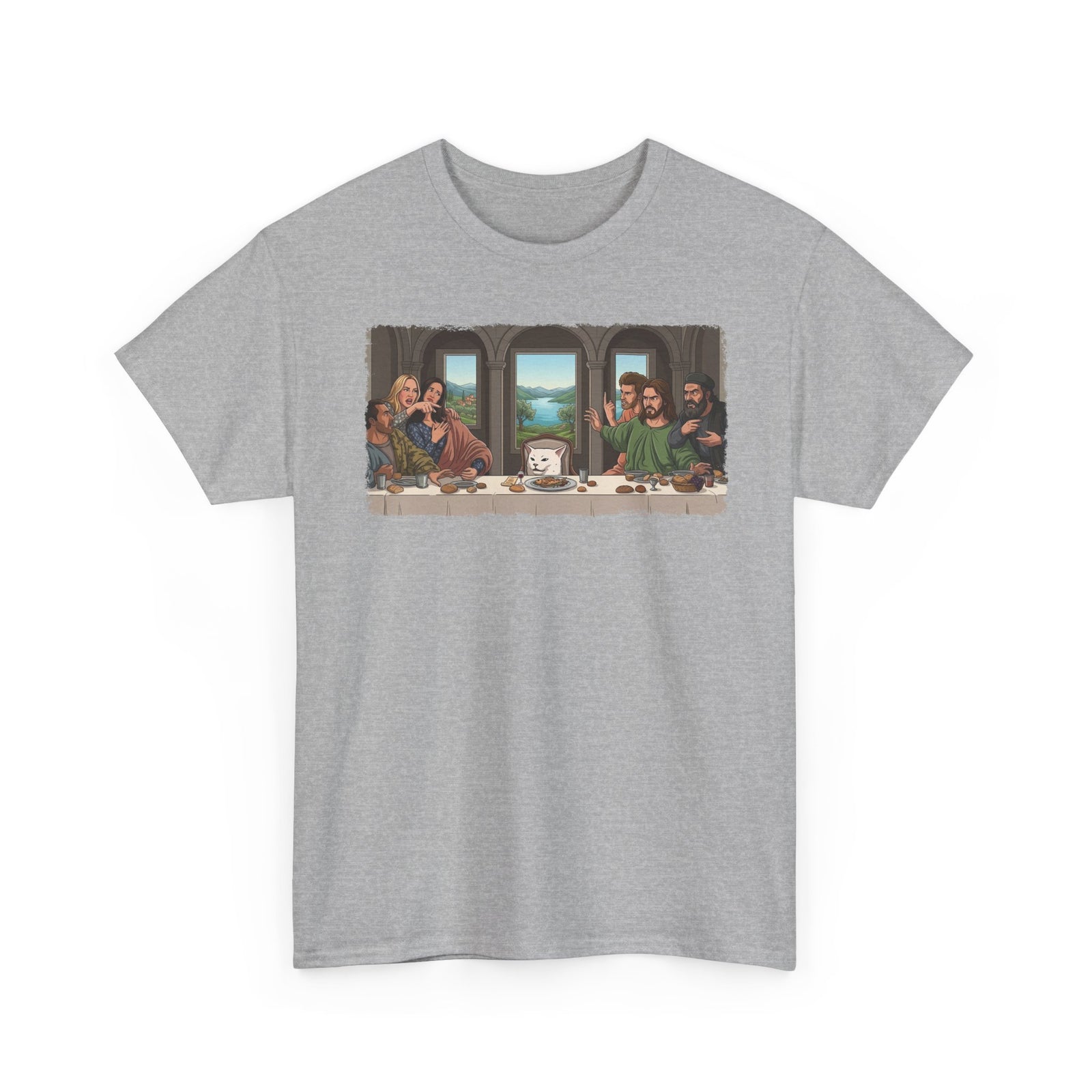 Last Supper x Woman Yelling at Cat Tee — Funny Religious Art Mashup T-Shirt